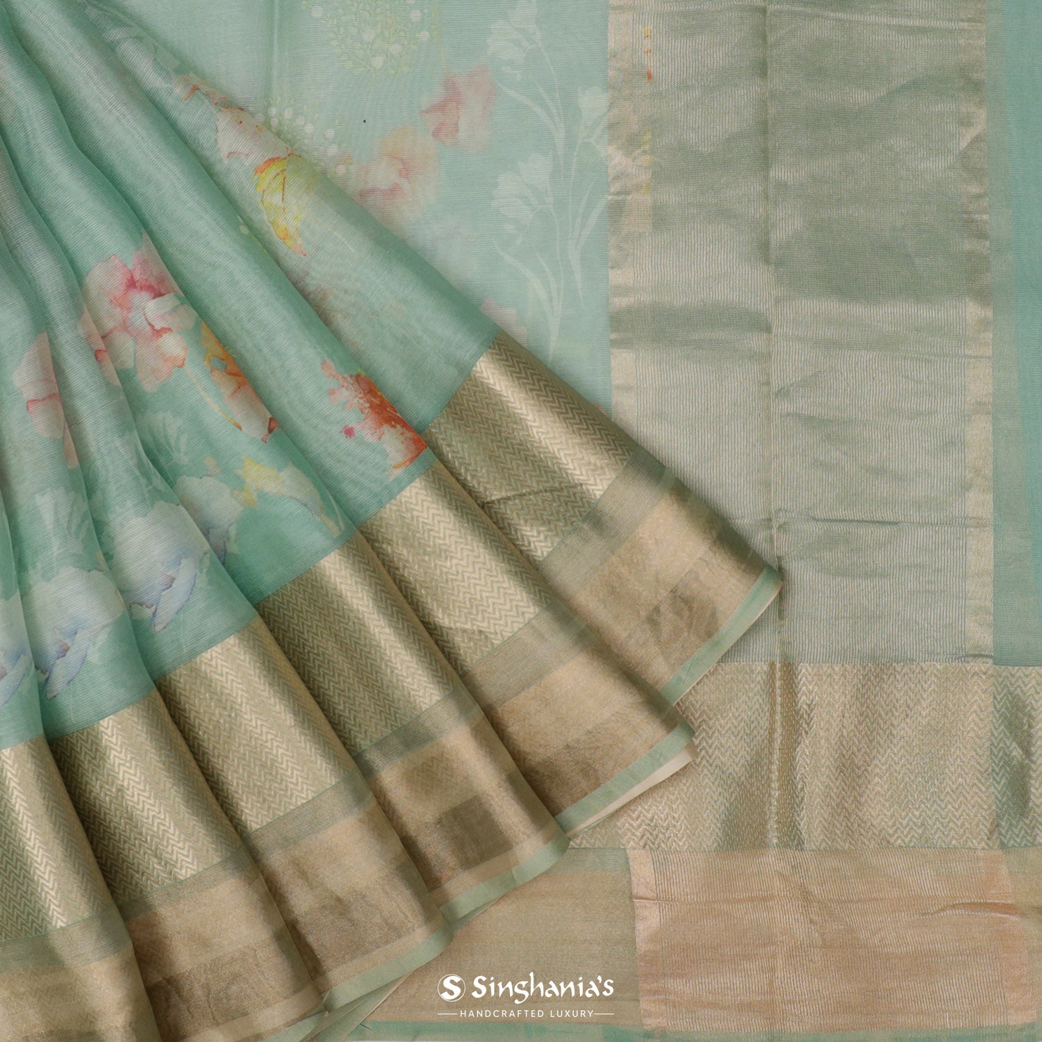 Aero Blue Printed Maheshwari Saree With Floral Pattern