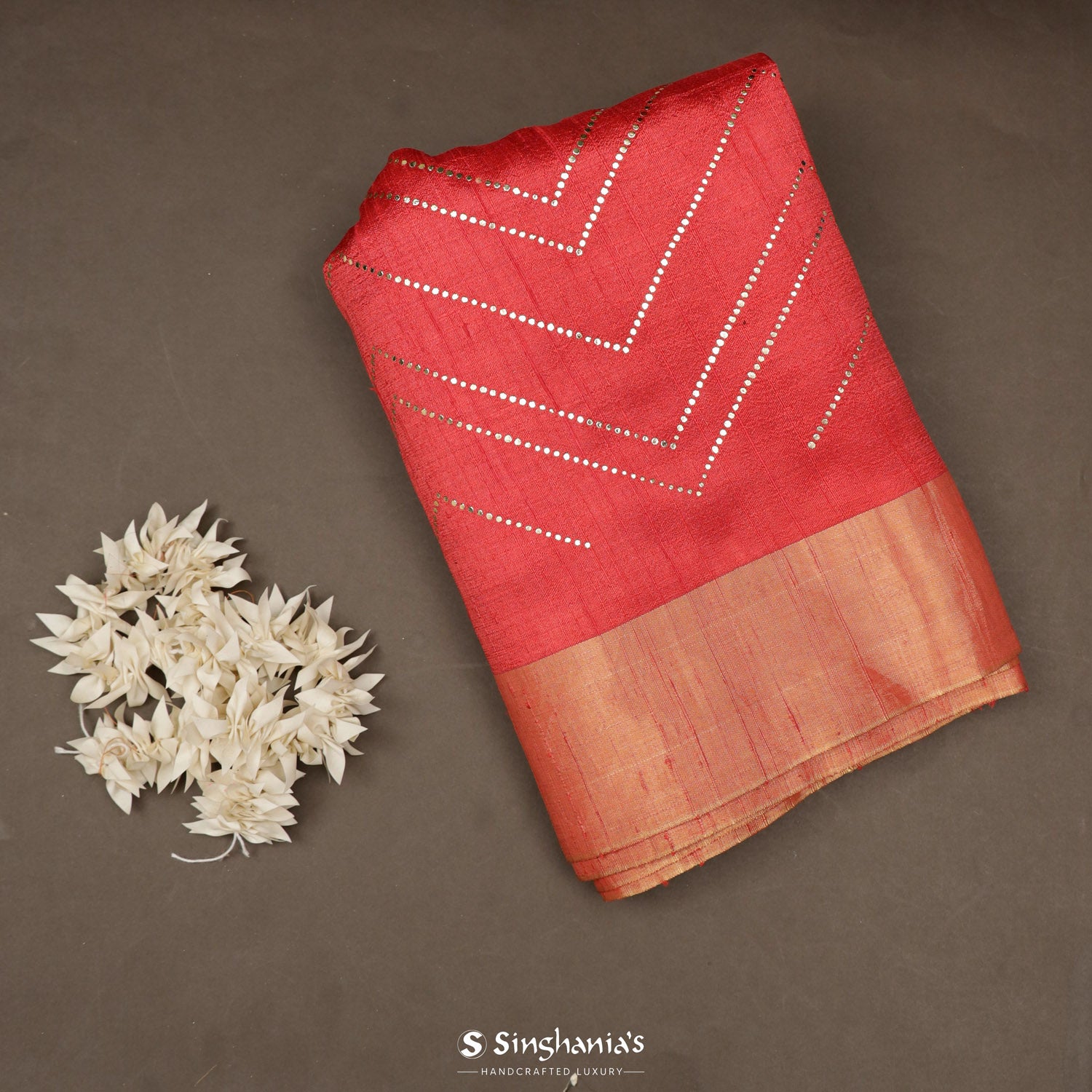 Cheerful Red Dupion Saree With Foil Print