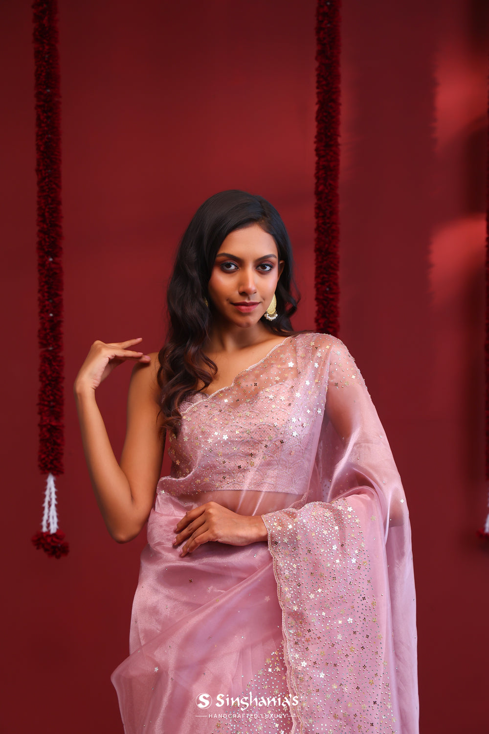 Pastel Pink Handcrafted Organza Saree