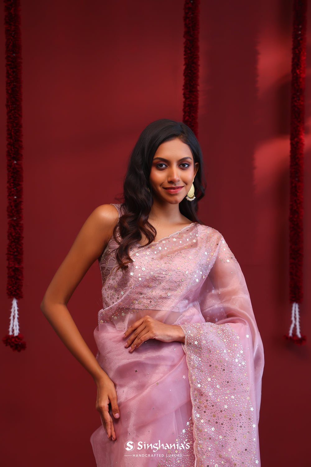 Pastel Pink Handcrafted Organza Saree