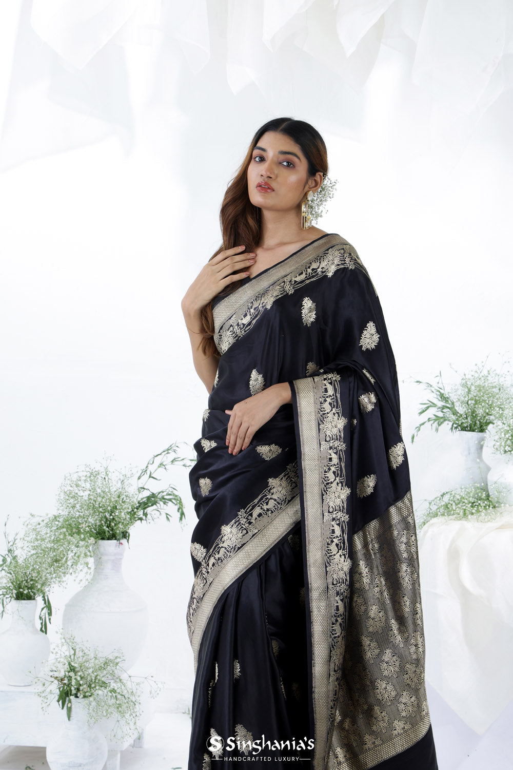 Black Blue Banarasi Mashru Silk Saree With Floral Motifs