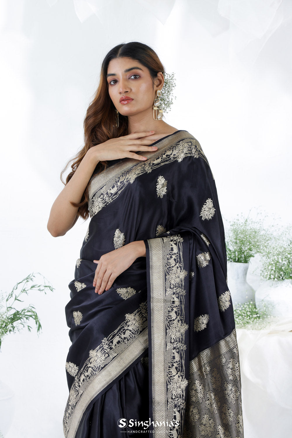 Black Blue Banarasi Mashru Silk Saree With Floral Motifs