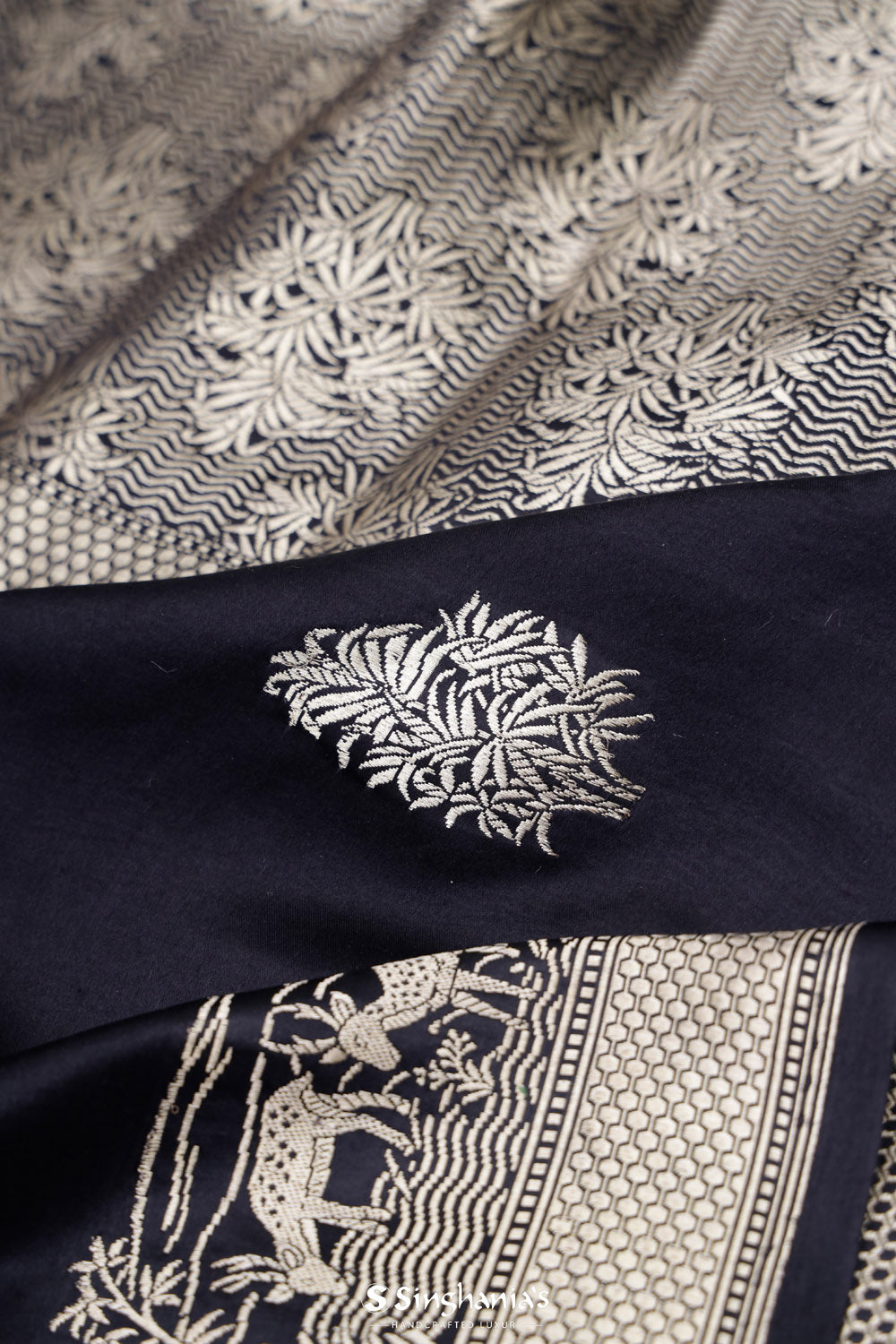 Black Blue Banarasi Mashru Silk Saree With Floral Motifs