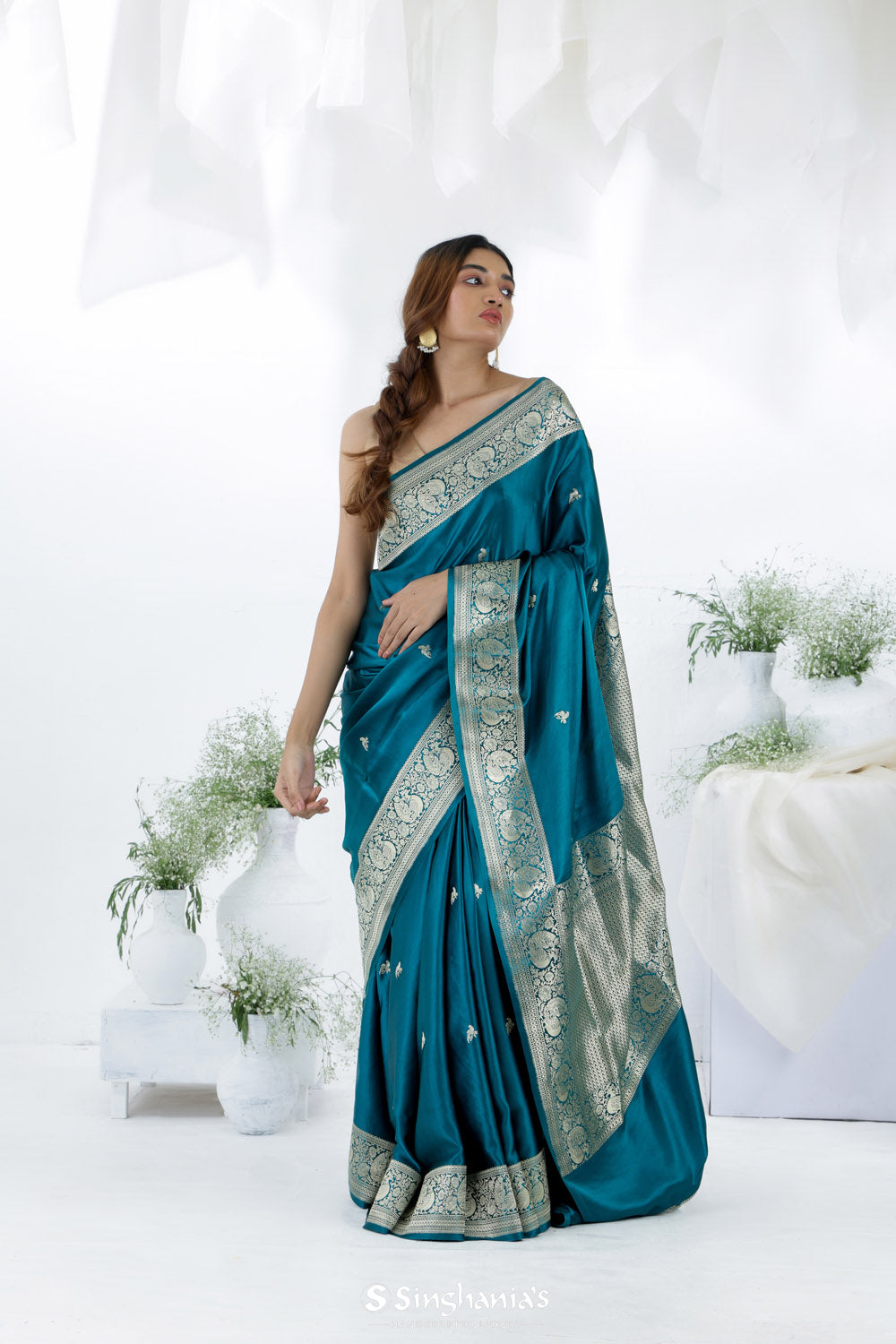 Blue Sapphire Banarasi Mashru Silk Saree With Bird Motifs