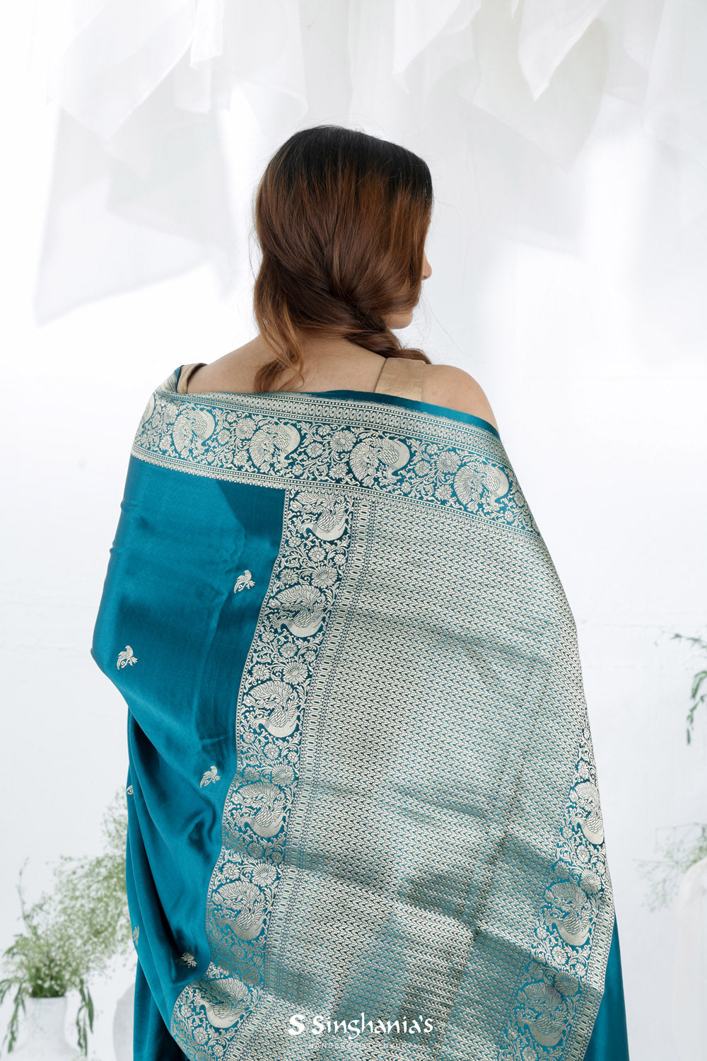 Blue Sapphire Banarasi Mashru Silk Saree With Bird Motifs