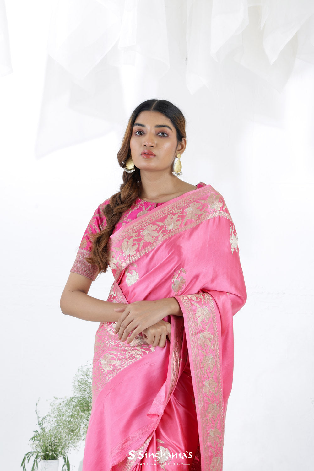 Watermelon Pink Banarasi Mashru Silk Saree With Floral Buttas