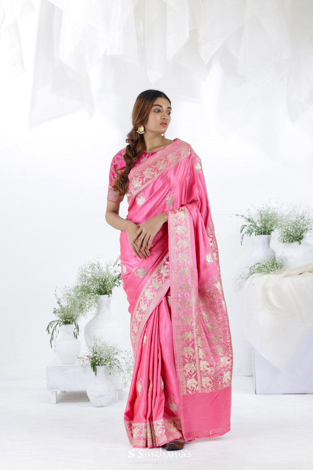 Watermelon Pink Banarasi Mashru Silk Saree With Floral Buttas