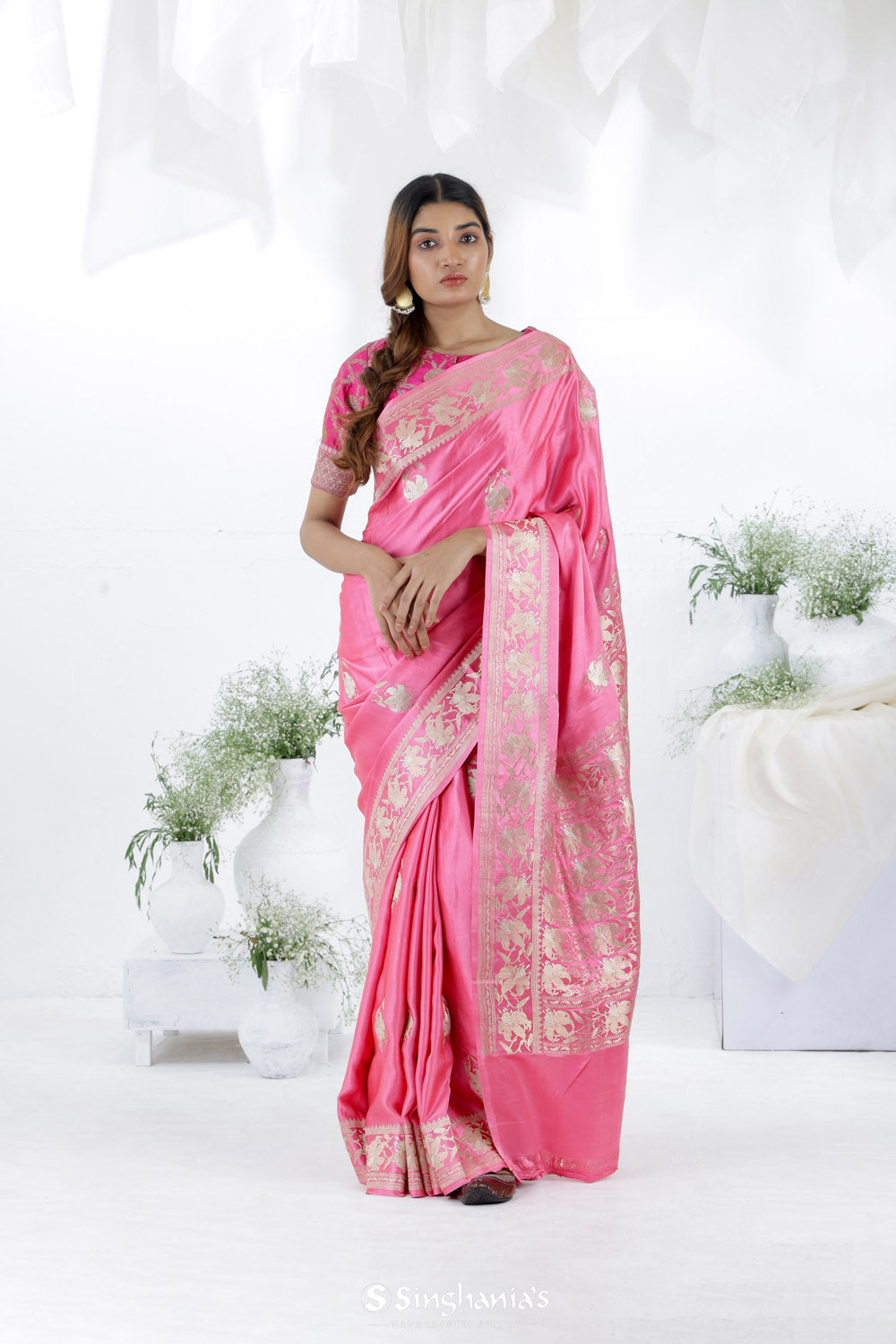 Watermelon Pink Banarasi Mashru Silk Saree With Floral Buttas