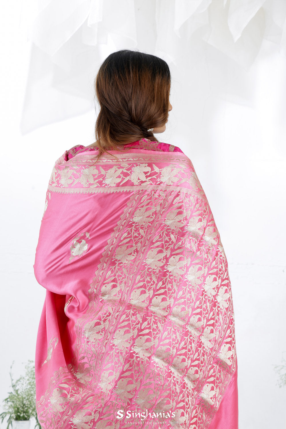 Watermelon Pink Banarasi Mashru Silk Saree With Floral Buttas