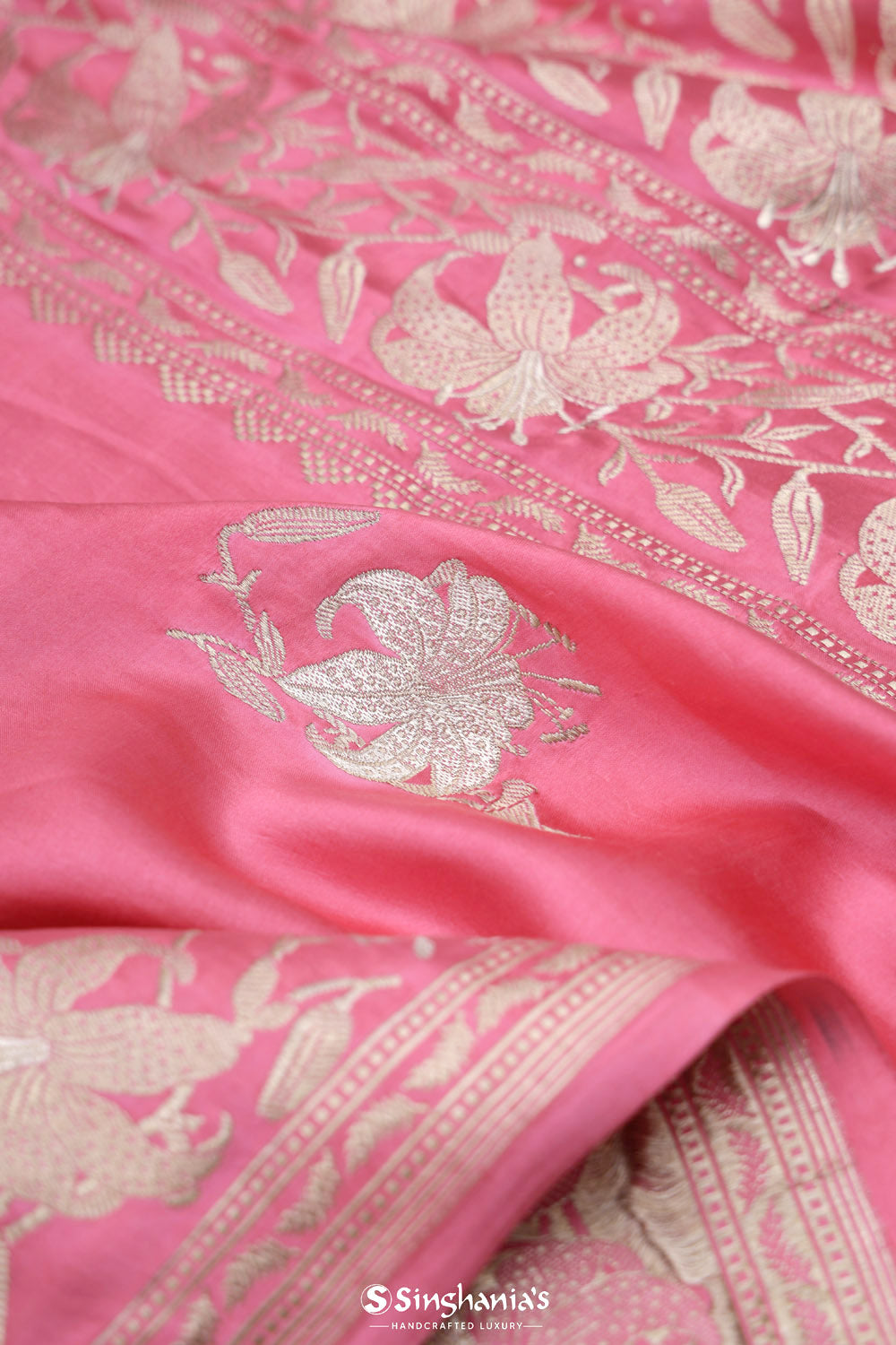 Watermelon Pink Banarasi Mashru Silk Saree With Floral Buttas