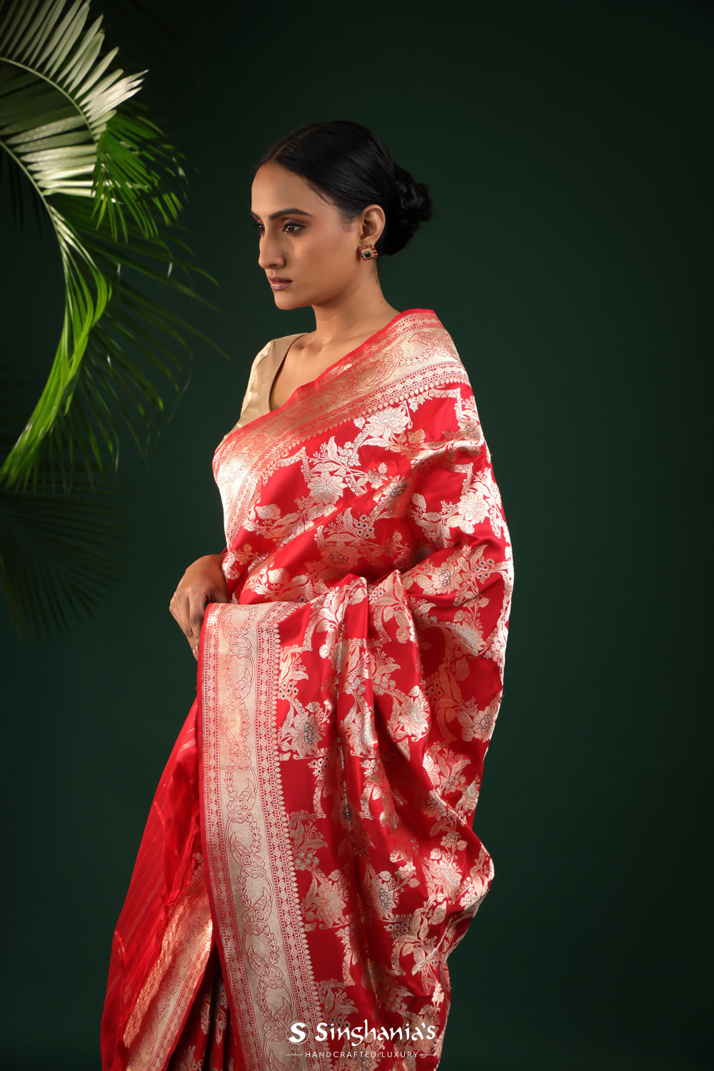 Cardinal Red Banarasi Silk Saree With Floral Elegance