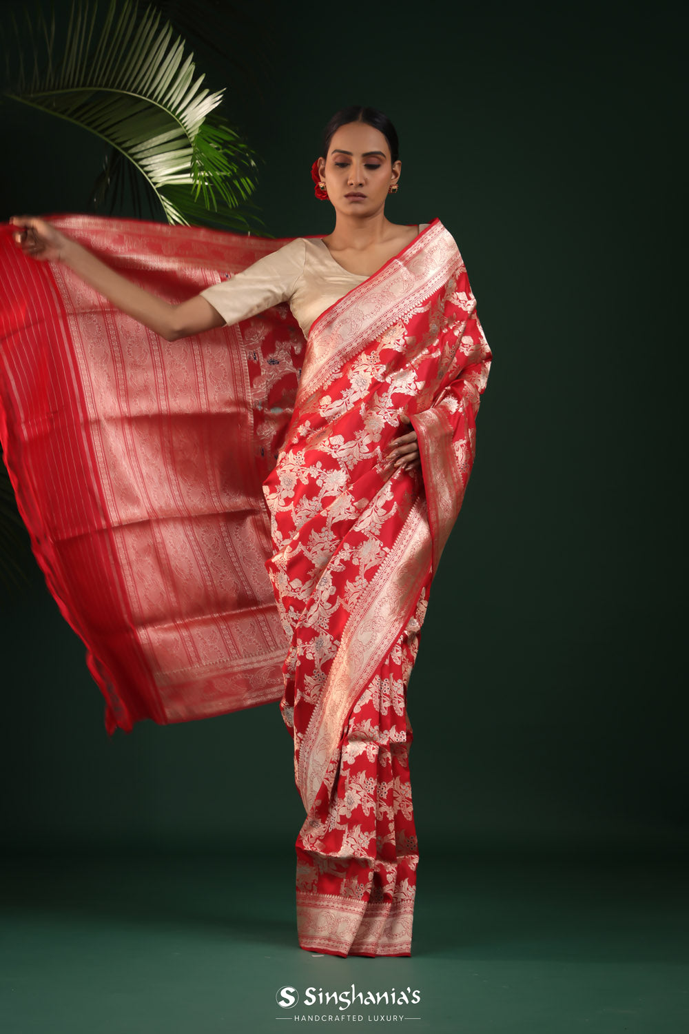 Cardinal Red Banarasi Silk Saree With Floral Elegance