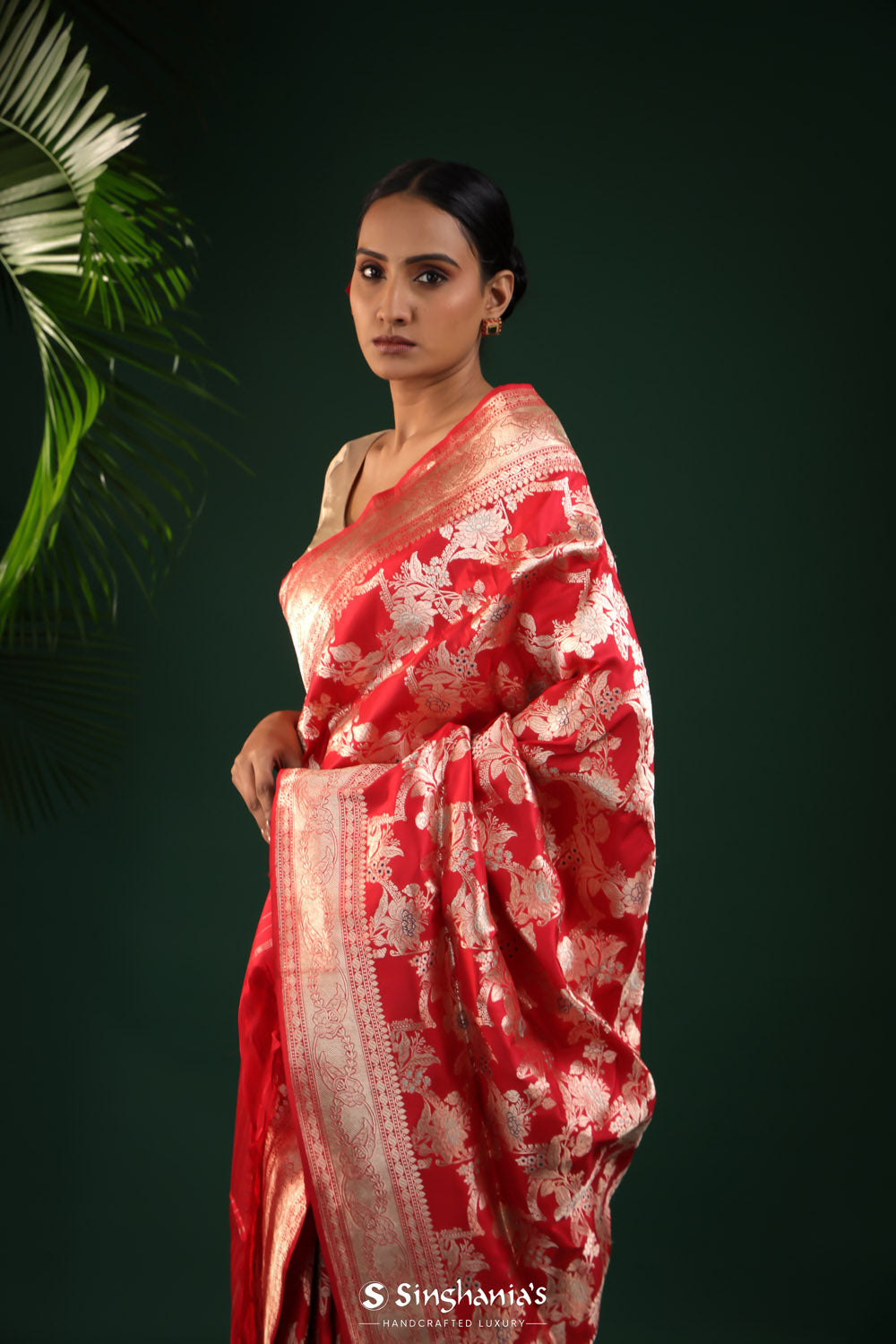 Cardinal Red Banarasi Silk Saree With Floral Elegance