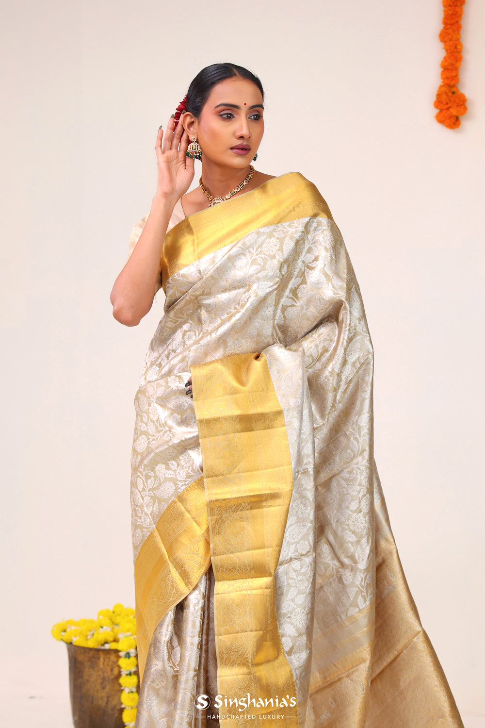 Celadon Gold Floral Paisley Kanjivaram Silk Saree