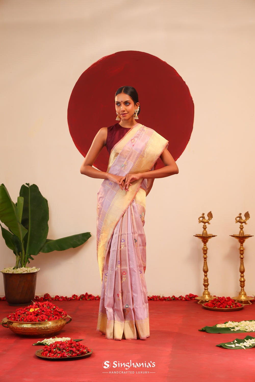 Pale Purple Banarasi Silk Saree With Floral Butti