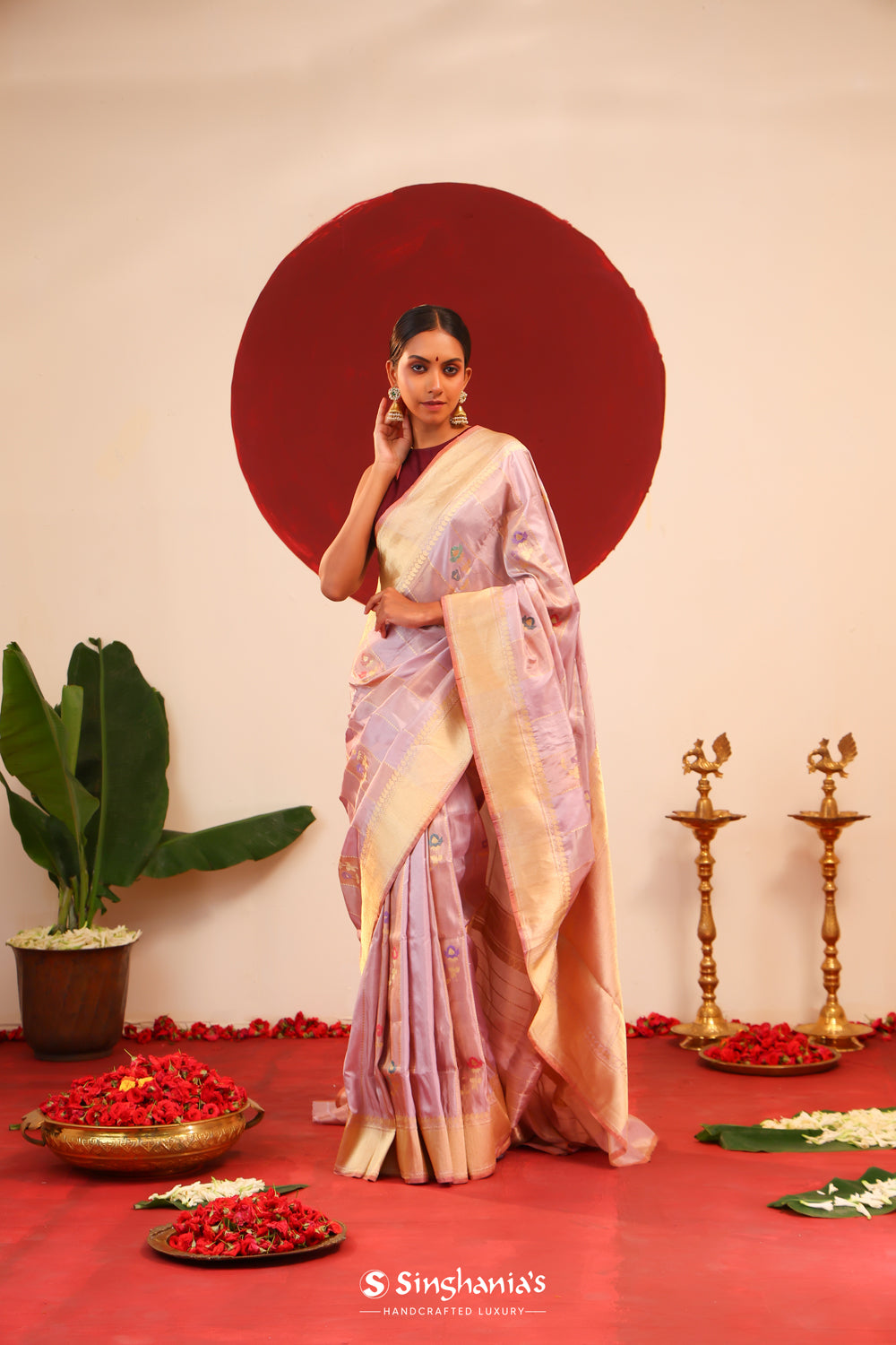 Pale Purple Banarasi Silk Saree With Floral Butti