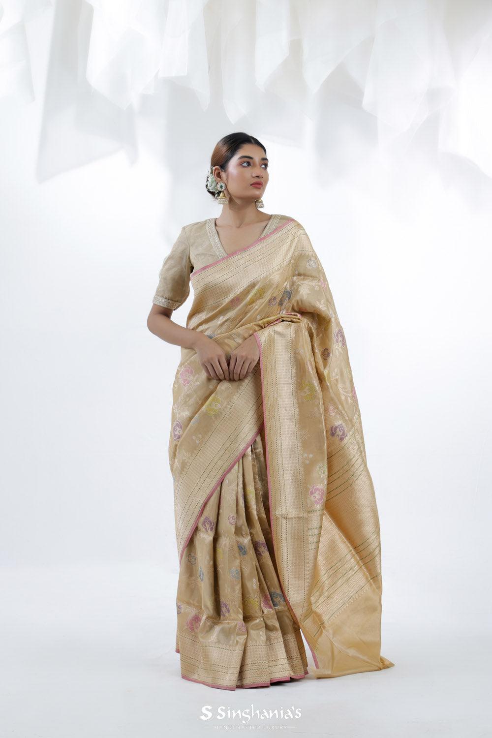 Pale Gold Banarasi Silk Saree With Floral Design