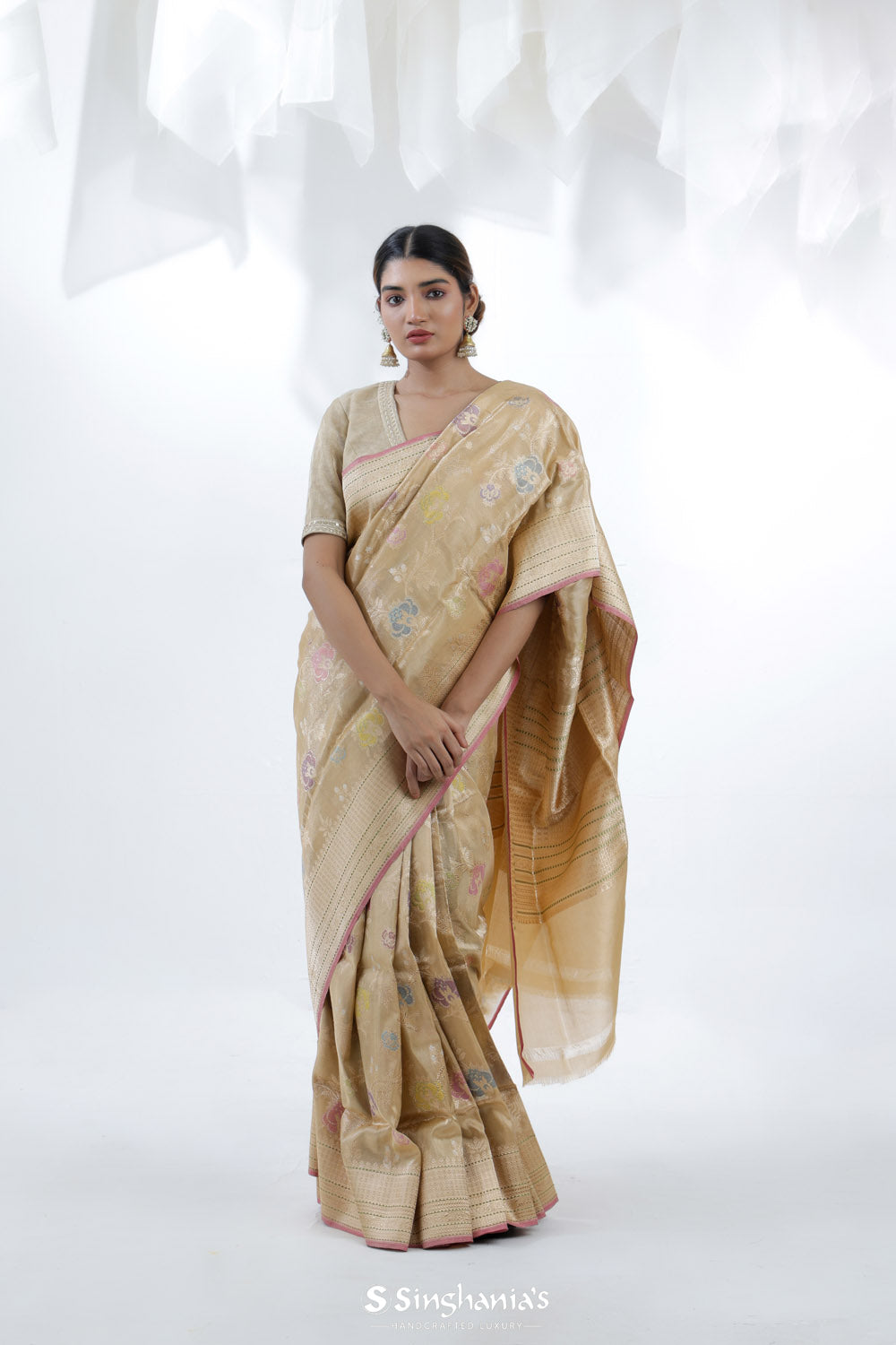 Pale Gold Banarasi Silk Saree With Floral Design