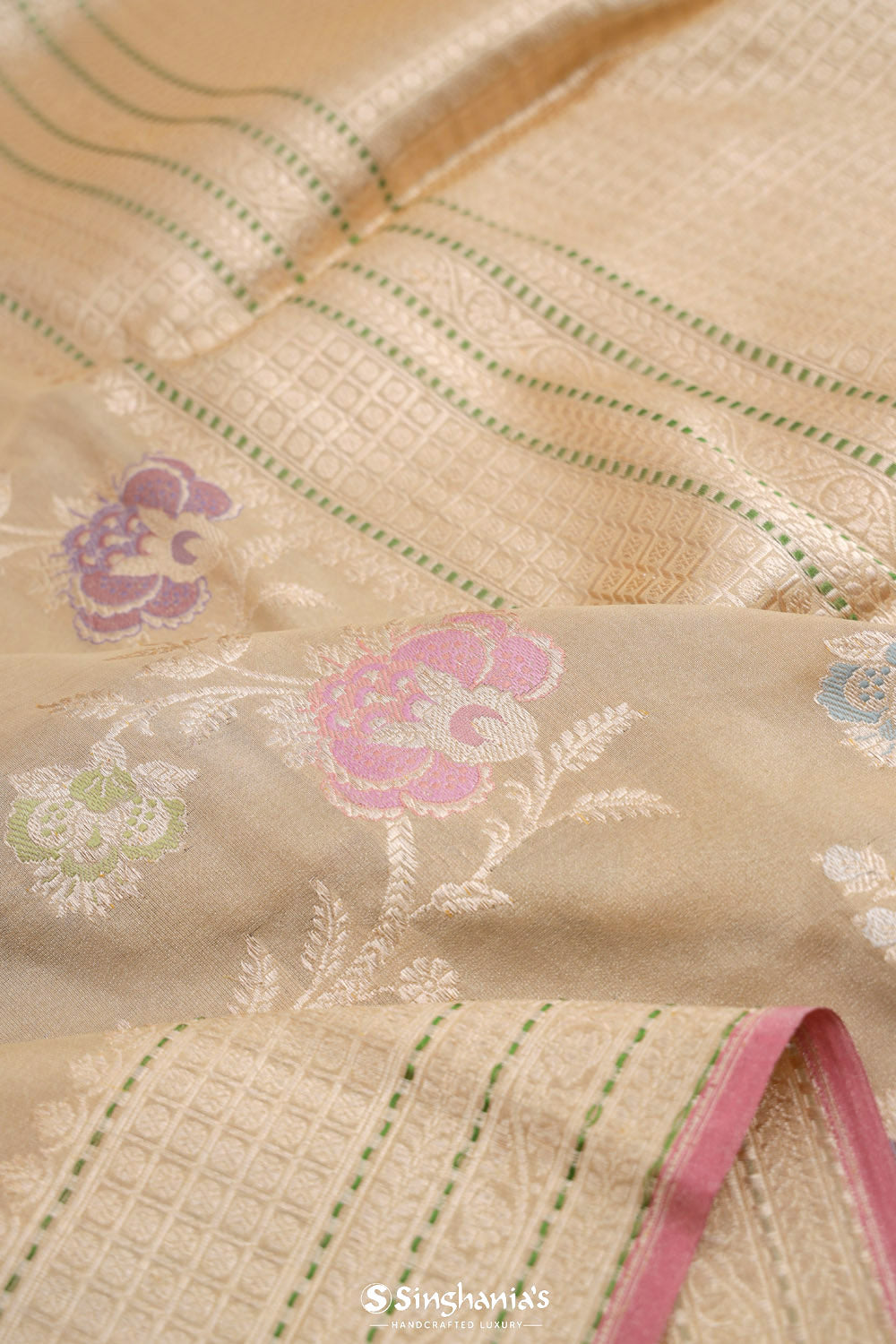 Pale Gold Banarasi Silk Saree With Floral Design