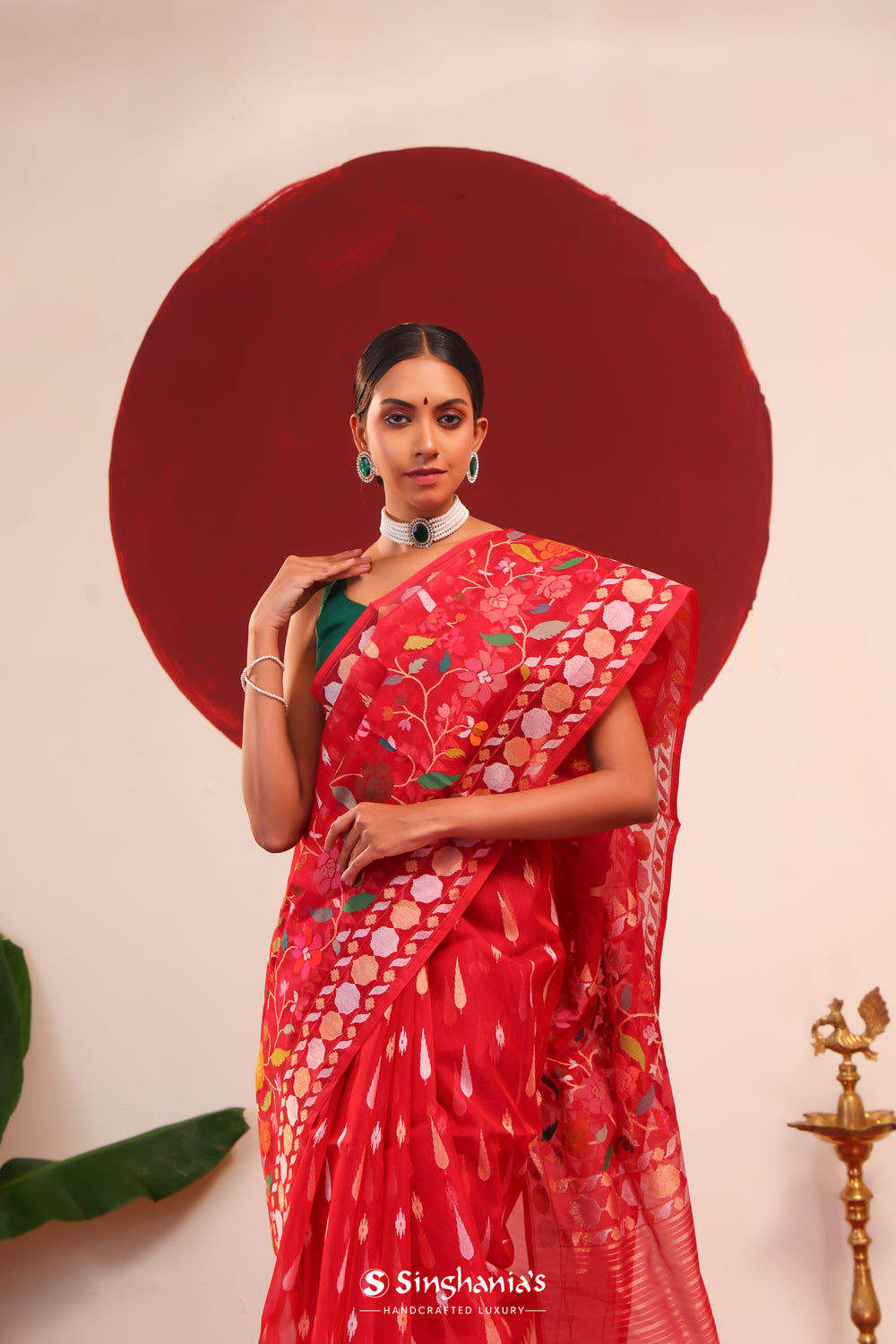 Rich Red Banarasi Silk Saree With Floral Weaves