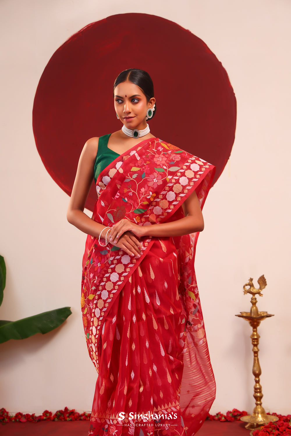 Rich Red Banarasi Silk Saree With Floral Weaves