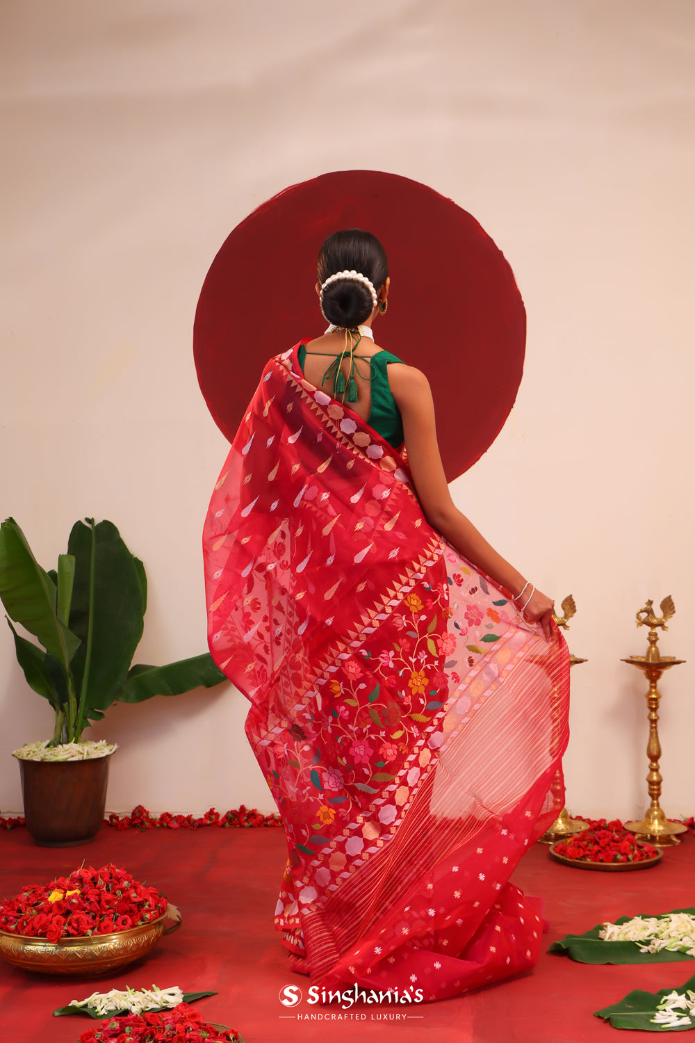 Rich Red Banarasi Silk Saree With Floral Weaves