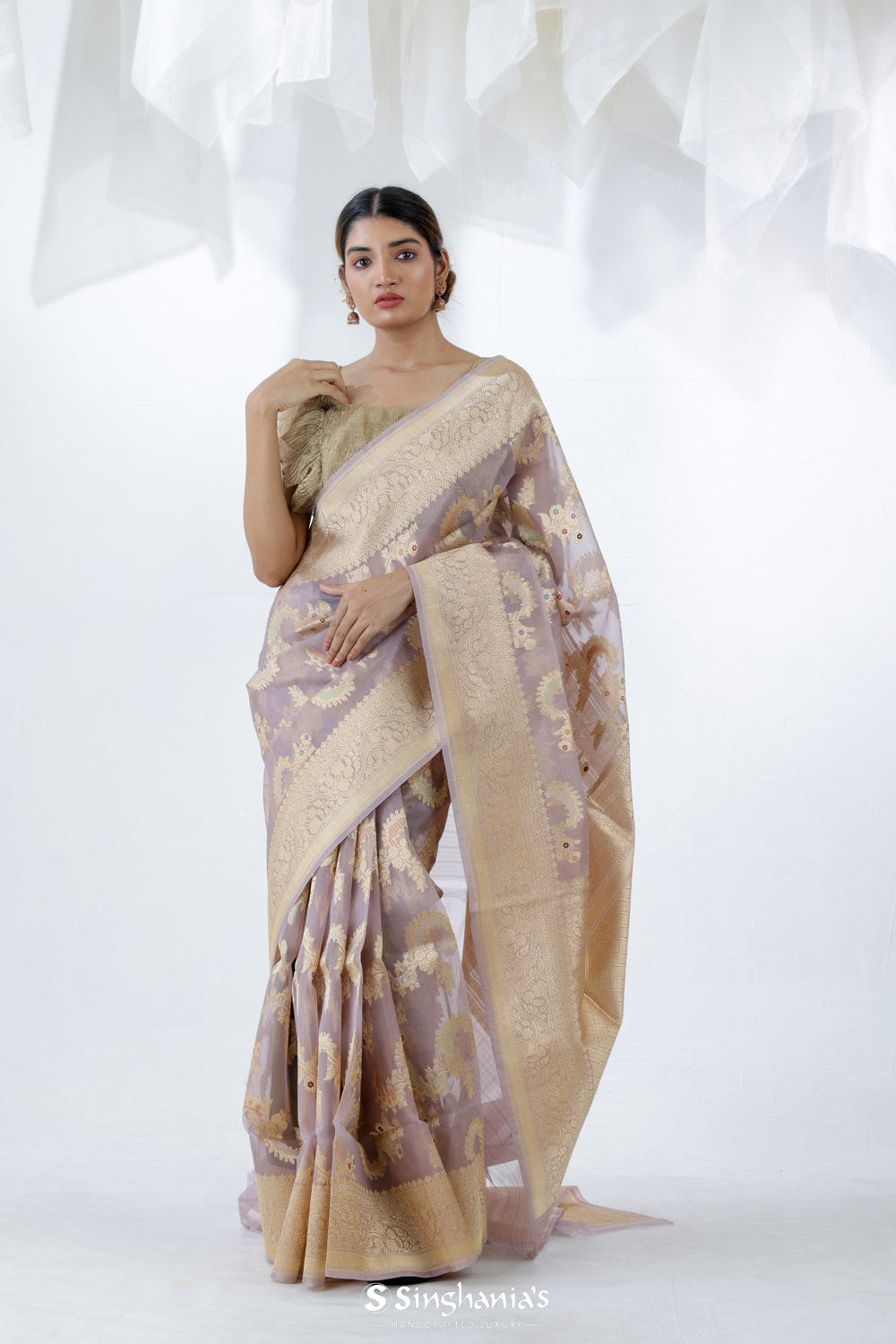 English Violet Jamdani Banarasi Silk Saree With Floral Design