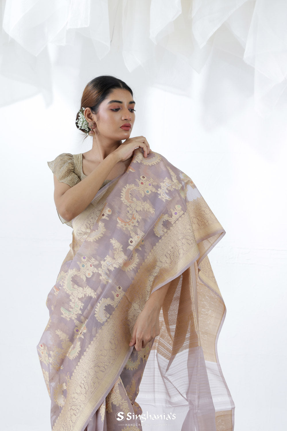 English Violet Jamdani Banarasi Silk Saree With Floral Design