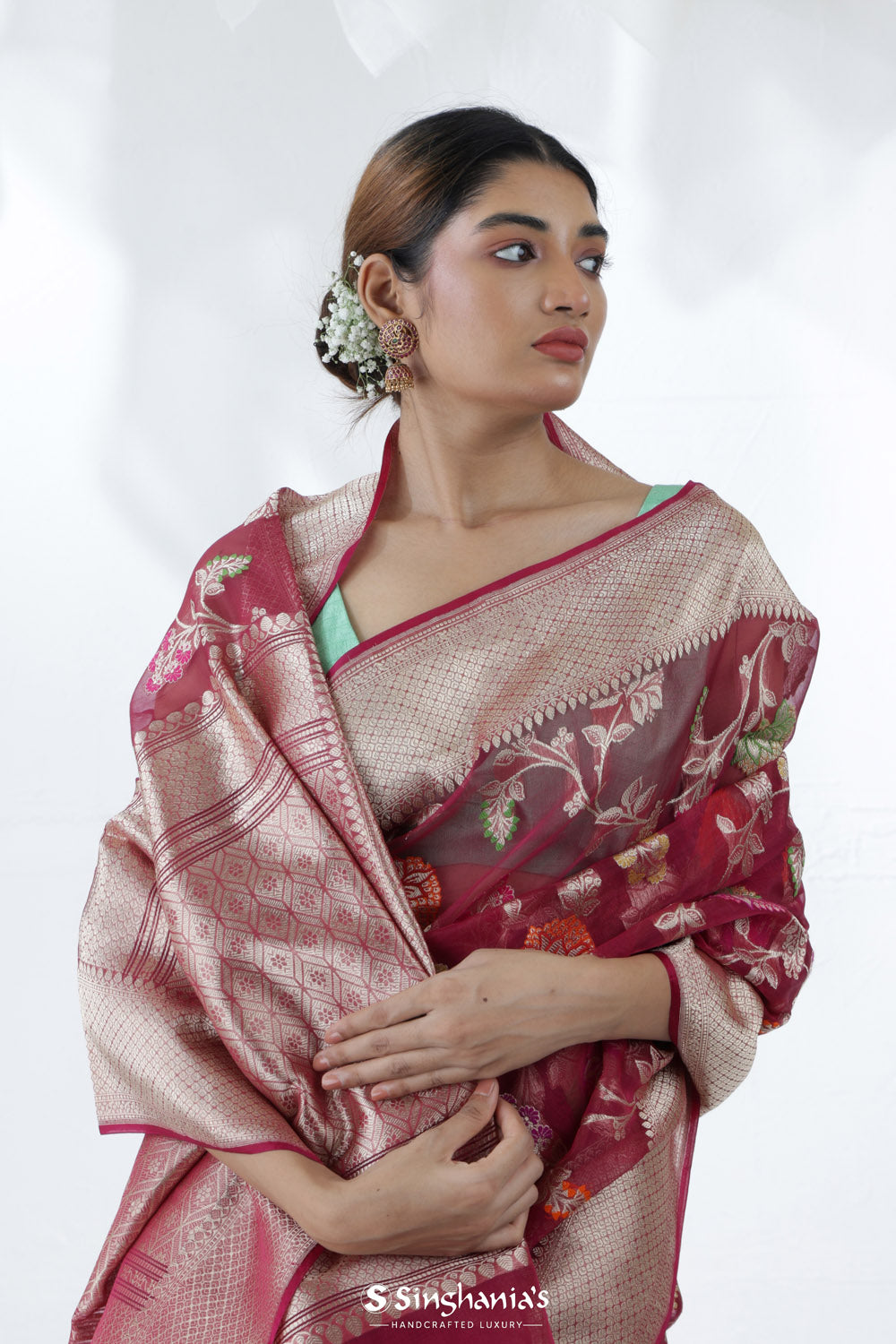 Pale Purple Jamdani Banarasi Silk Saree With Floral Design