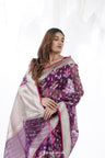 English Violet Jamdani Banarasi Silk Saree With Floral Design