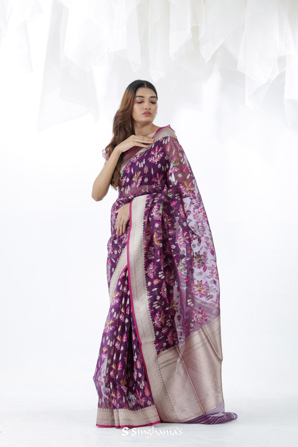 English Violet Jamdani Banarasi Silk Saree With Floral Design