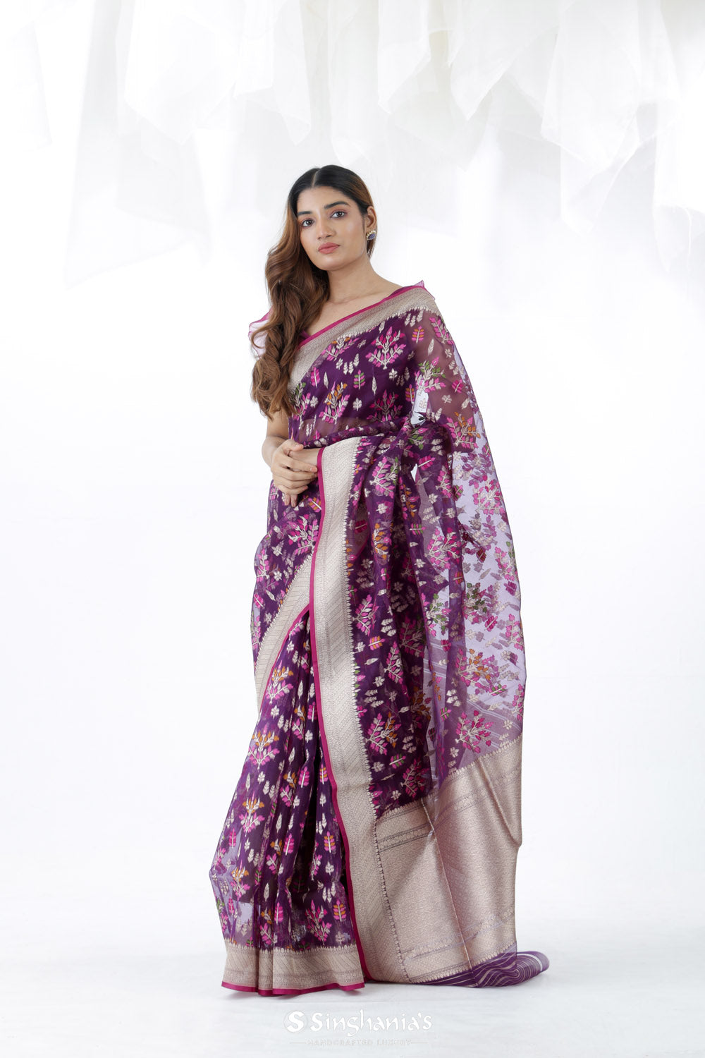 English Violet Jamdani Banarasi Silk Saree With Floral Design