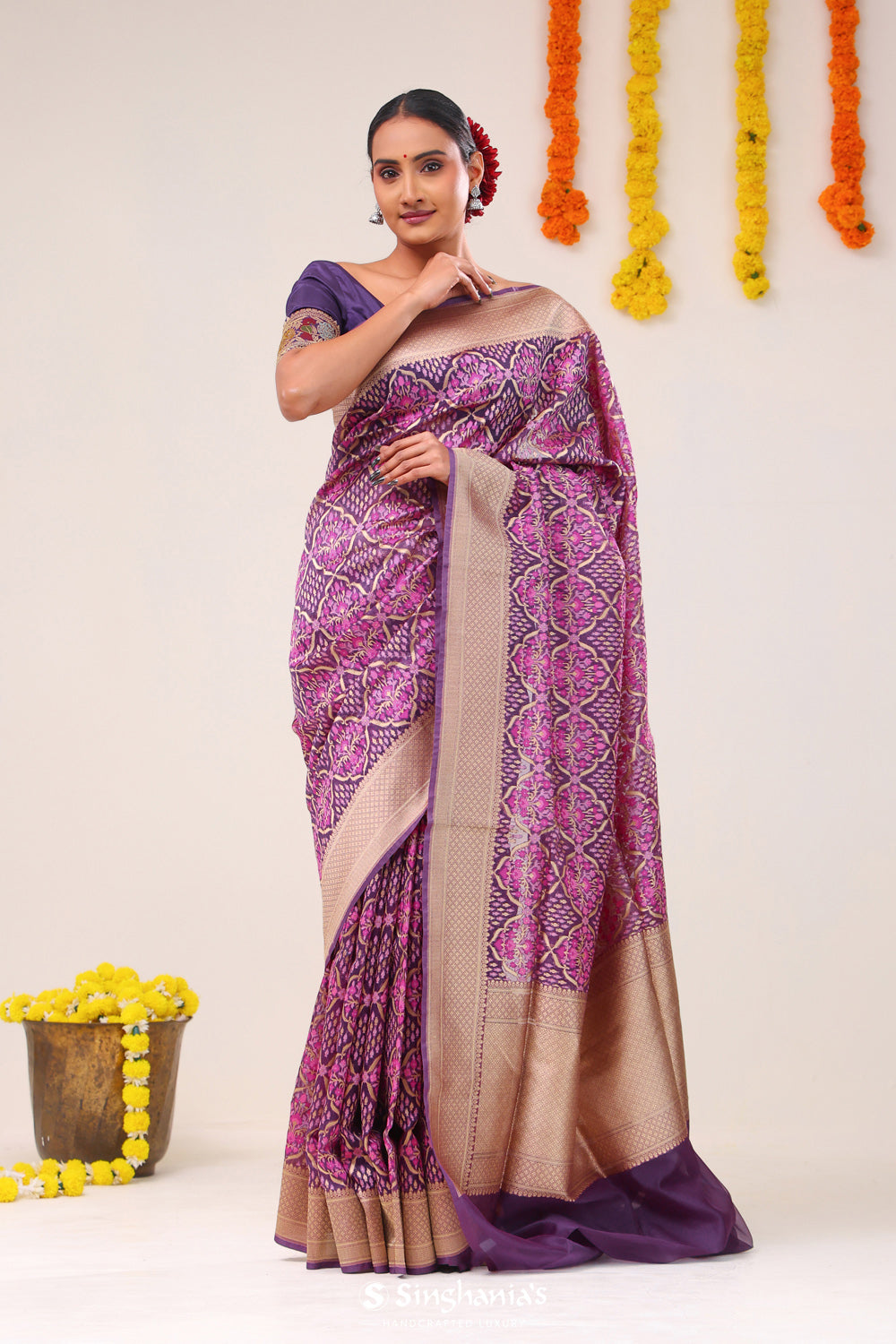 Dark Magenta Jaal Banarasi Silk Saree