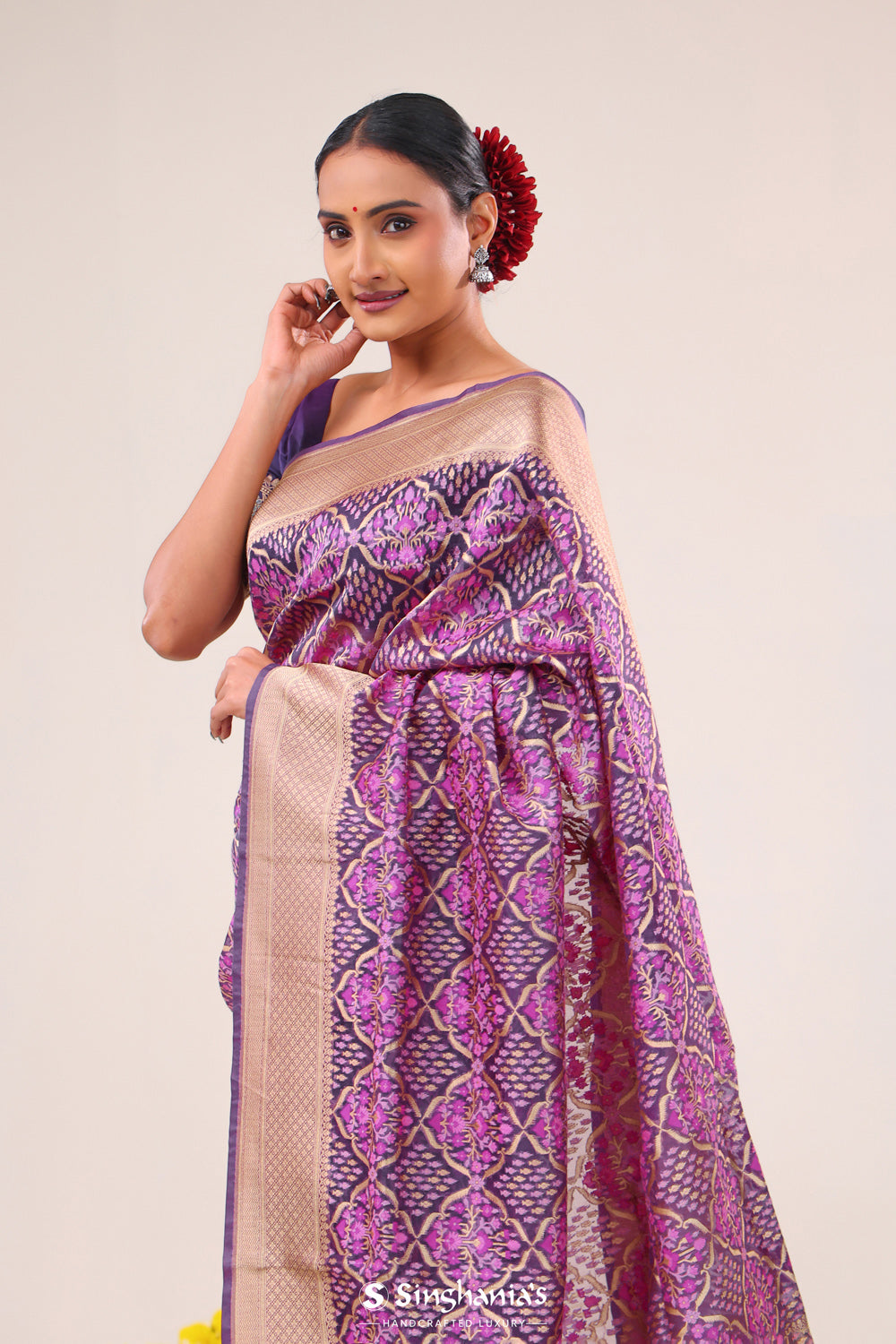 Dark Magenta Jaal Banarasi Silk Saree