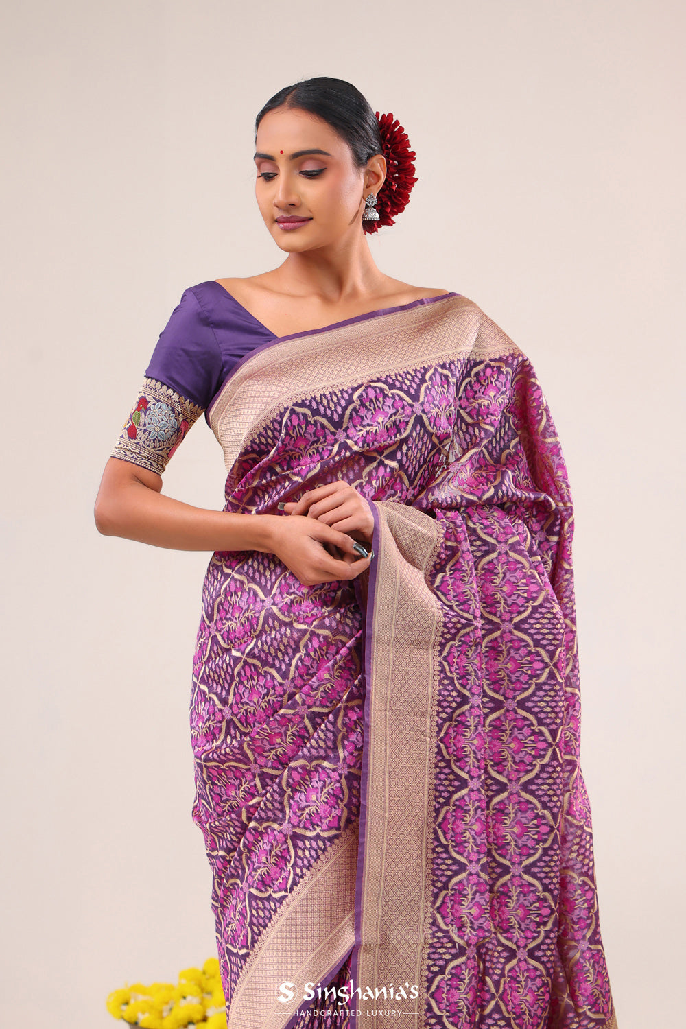 Dark Magenta Jaal Banarasi Silk Saree