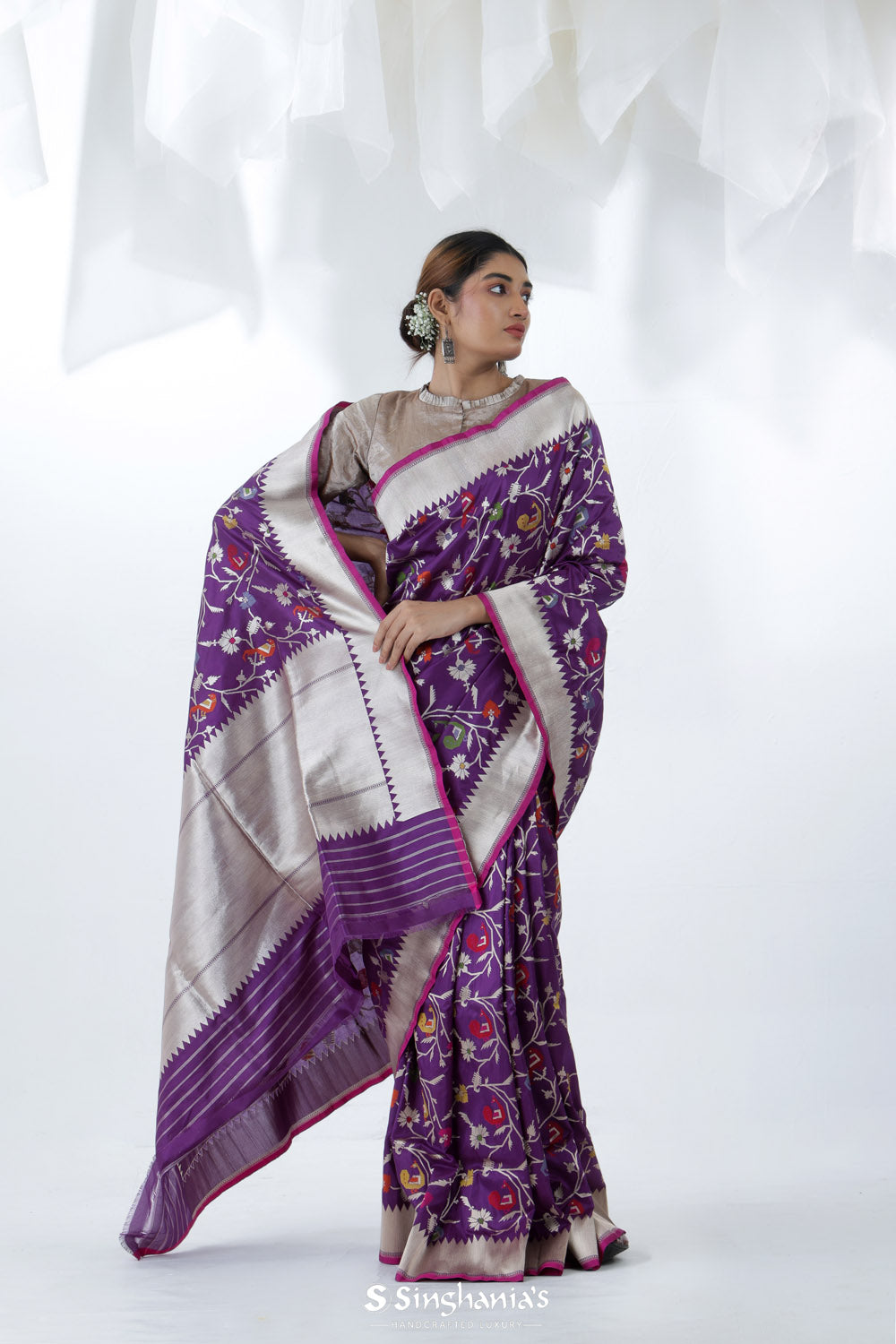 Eminence Purple Banarasi Silk Saree With Floral Design