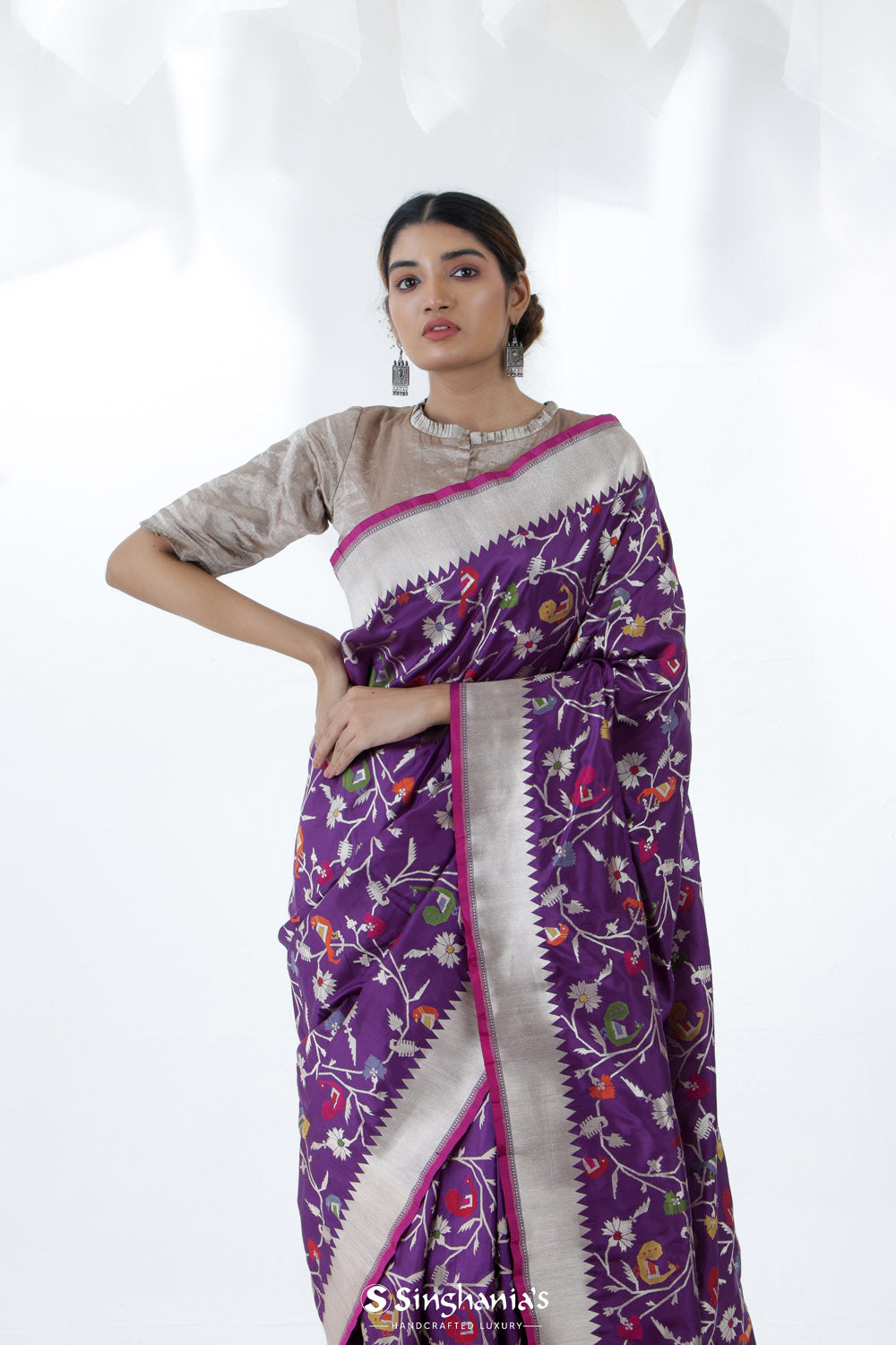 Eminence Purple Banarasi Silk Saree With Floral Design