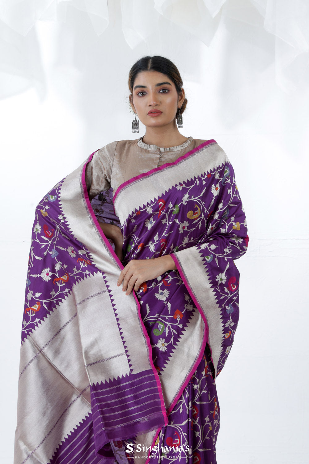 Eminence Purple Banarasi Silk Saree With Floral Design