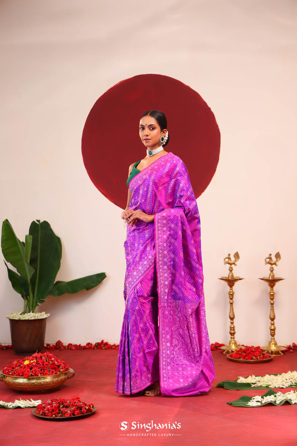 Phlox Purple Banarasi Silk Saree With Zari Weaves