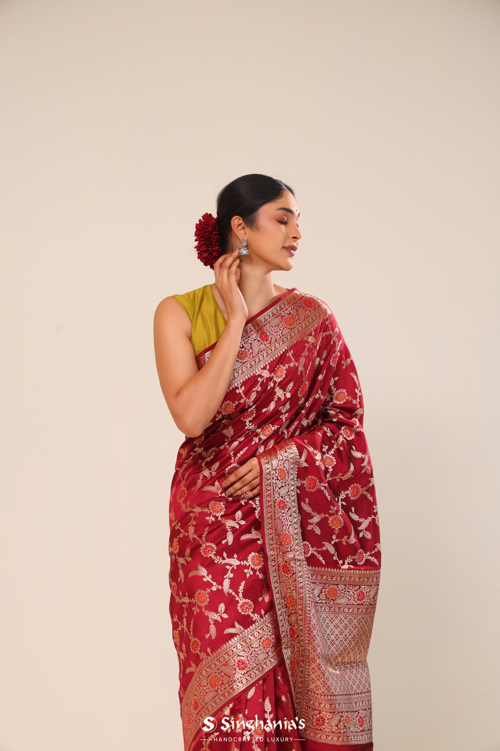 Cherry Red Chiniya Banarasi Silk Saree