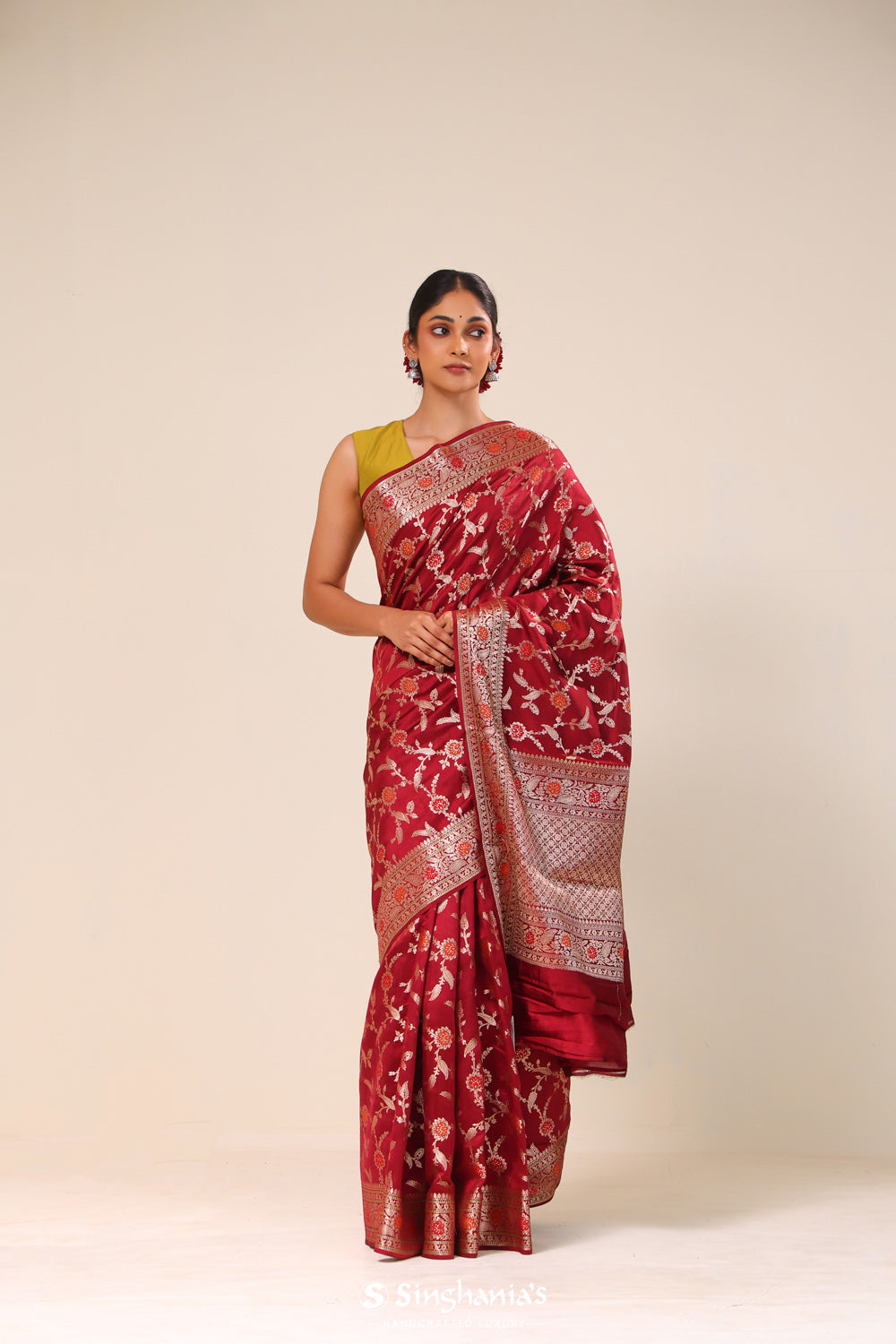 Cherry Red Chiniya Banarasi Silk Saree