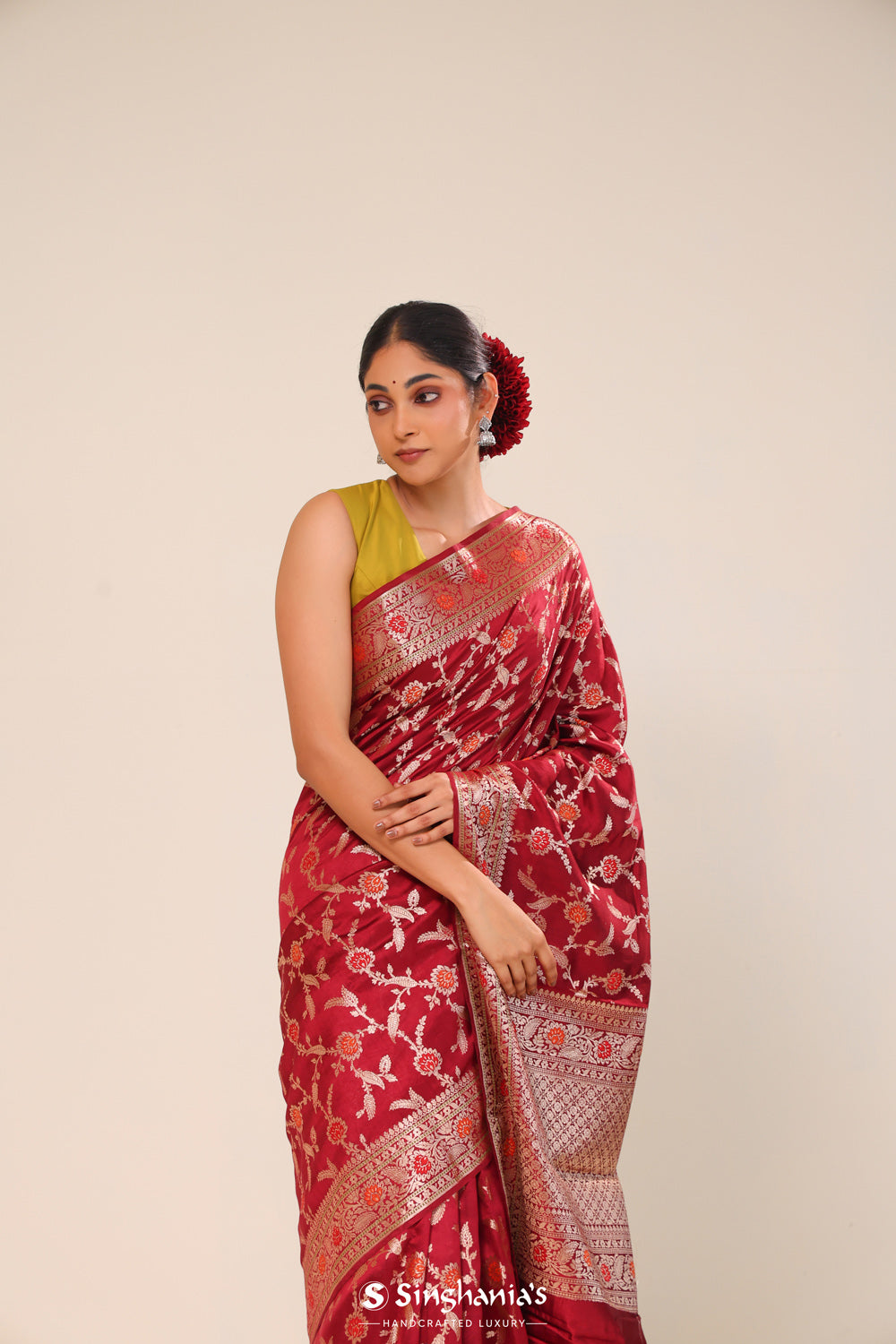 Cherry Red Chiniya Banarasi Silk Saree