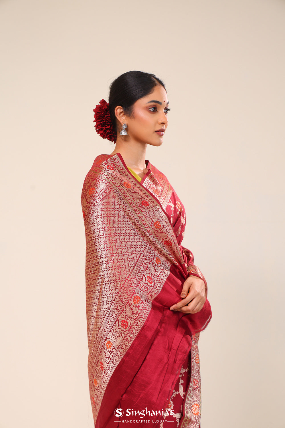 Cherry Red Chiniya Banarasi Silk Saree