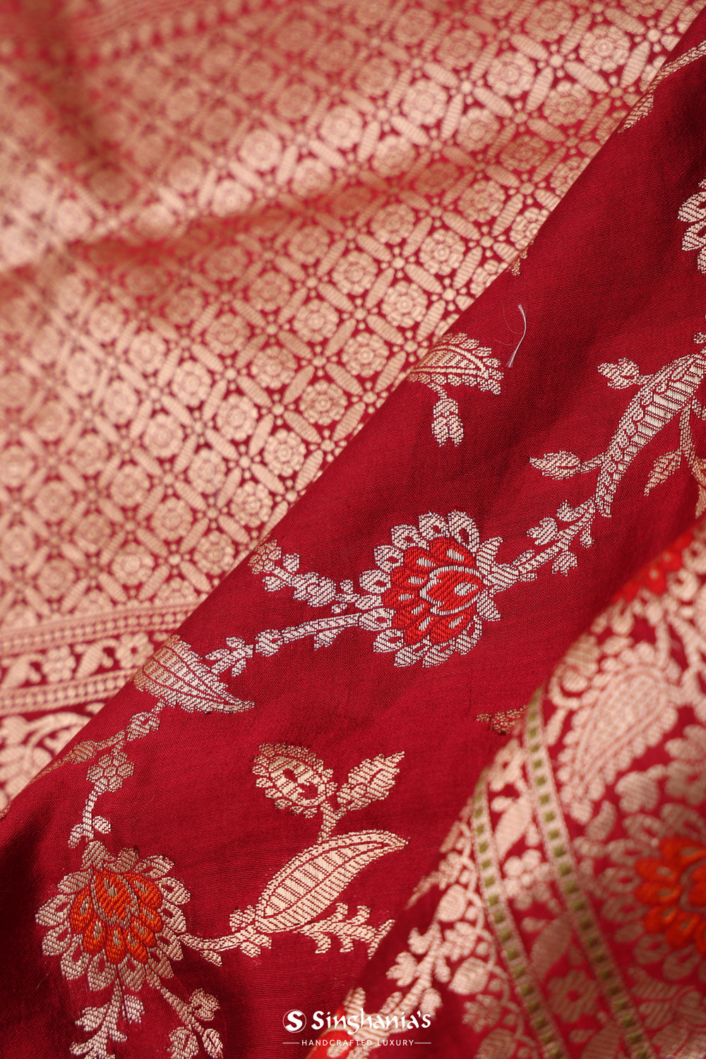 Cherry Red Chiniya Banarasi Silk Saree