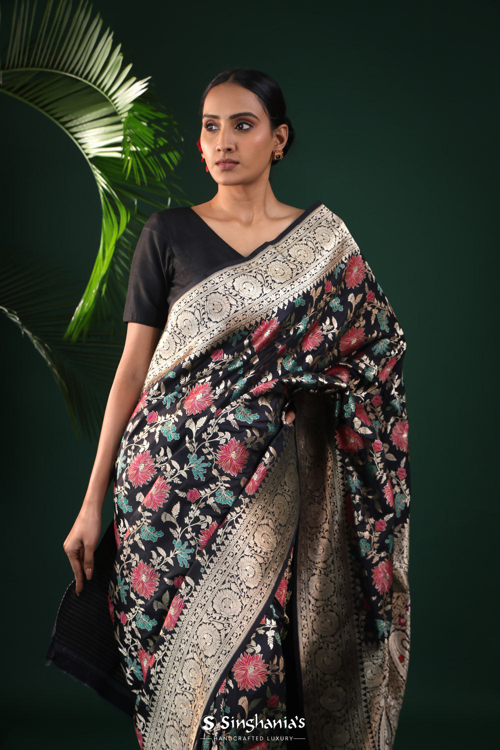 Rich Black Banarasi Silk Saree With Colourful Floral Weaving