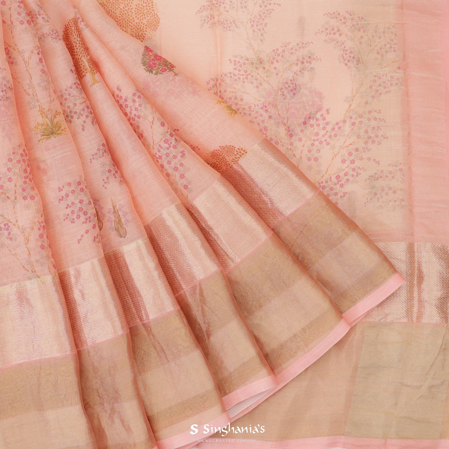 Melon Peach Printed Maheshwari Saree With Floral Pattern