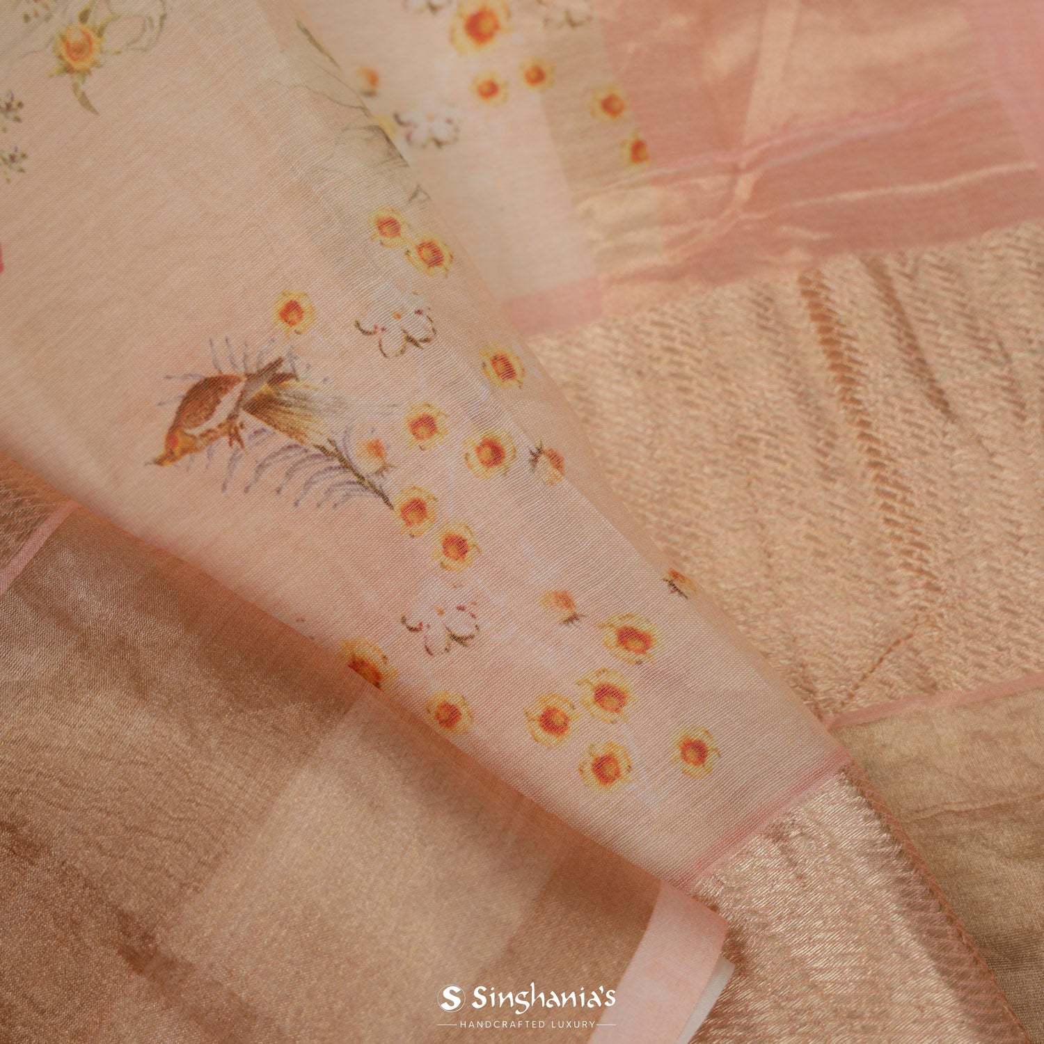 Apricot Cream Printed Maheshwari Saree With Floral Pattern