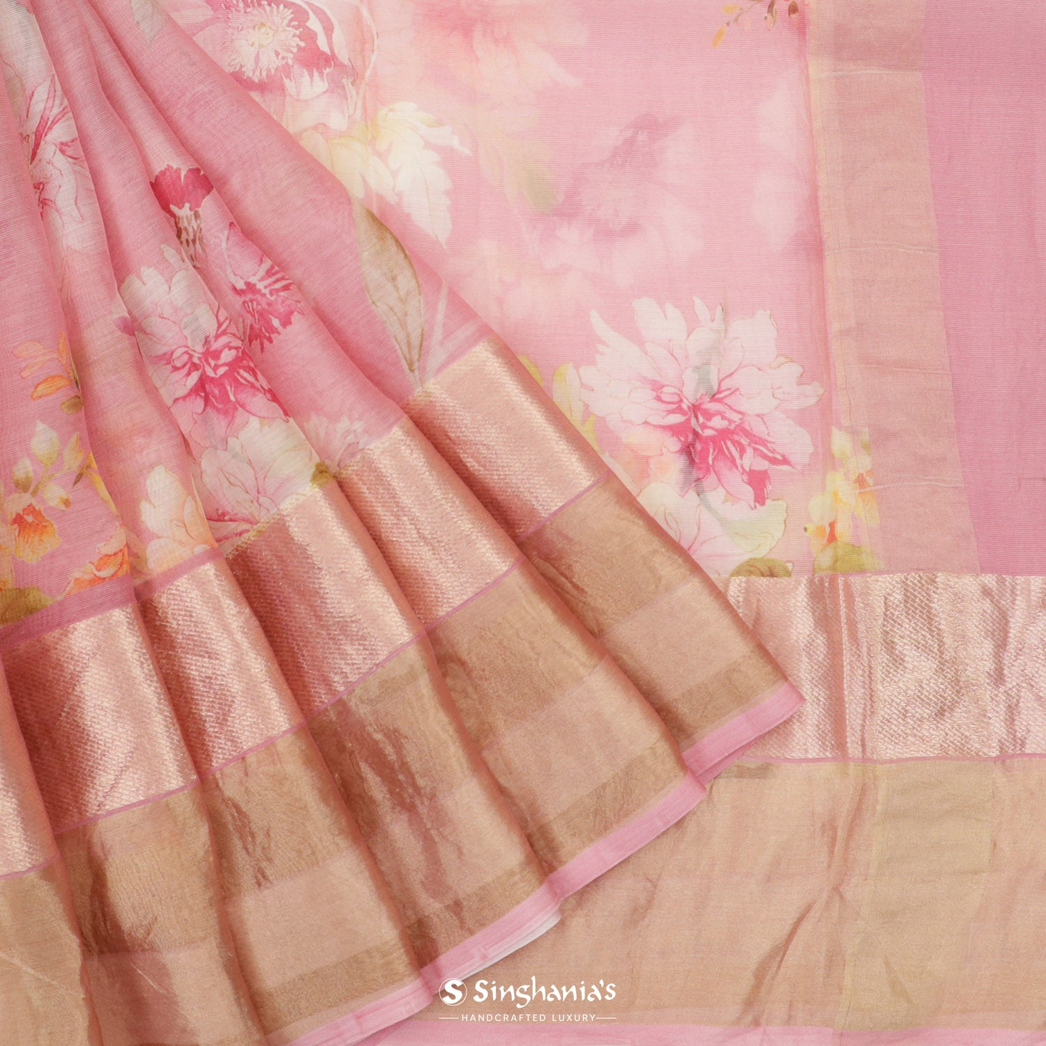 Cherry Blossom Pink Printed Maheshwari Saree With Big Floral Pattern
