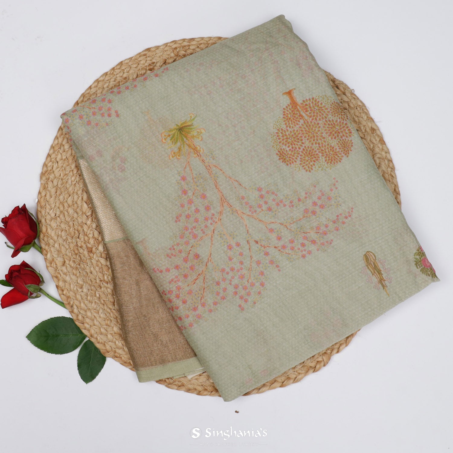 Swamp Green Printed Maheshwari Saree With Floral Pattern