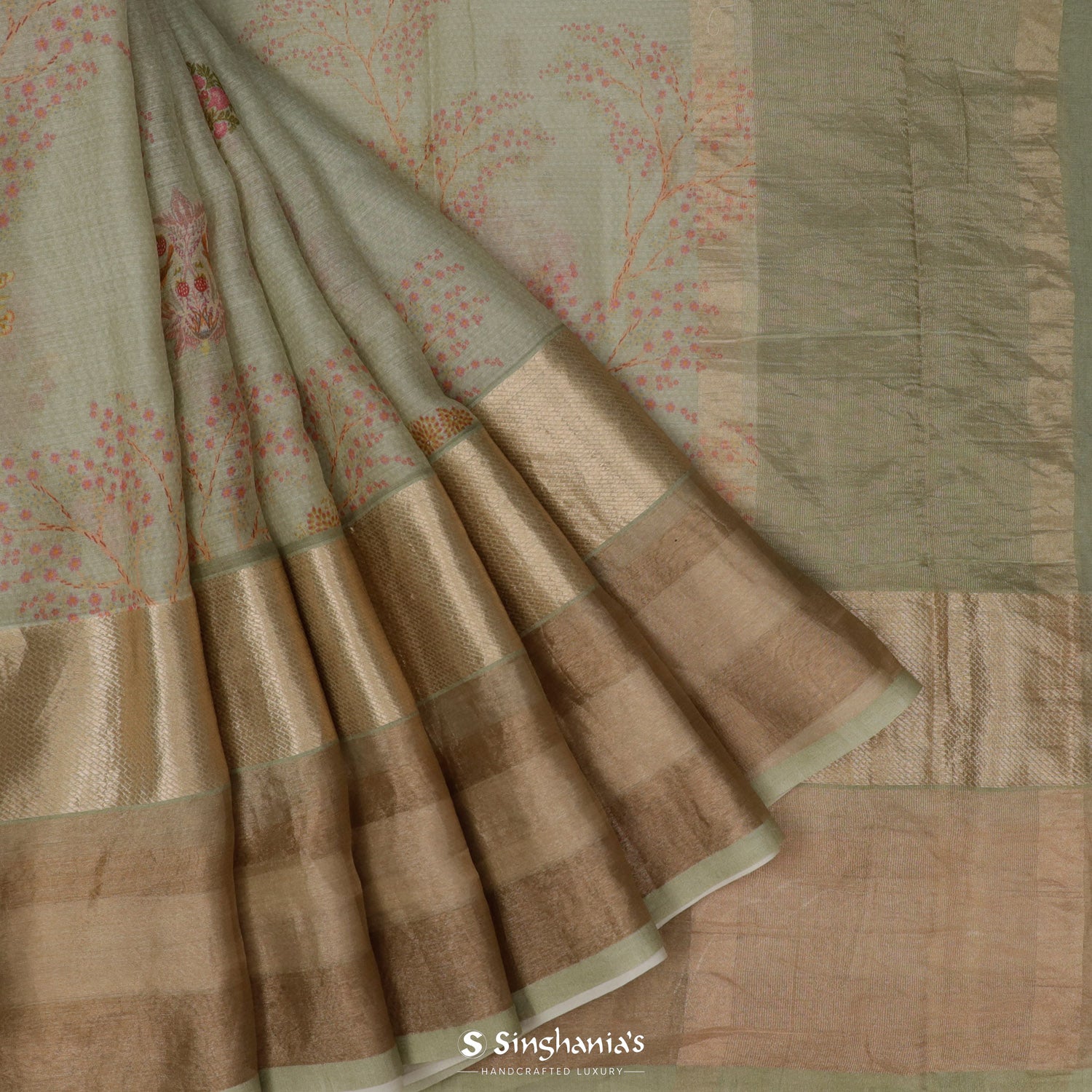 Swamp Green Printed Maheshwari Saree With Floral Pattern